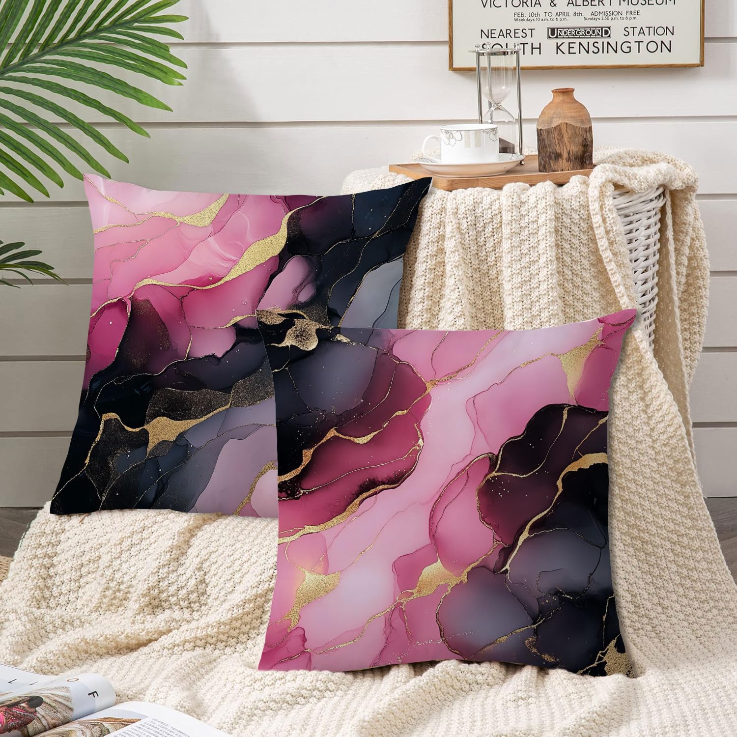 GOLIANDA Boho Pillow Covers 18x18 Set Of 2 - Green Gold Purple Tropical Leaf Design, 100% Linen
