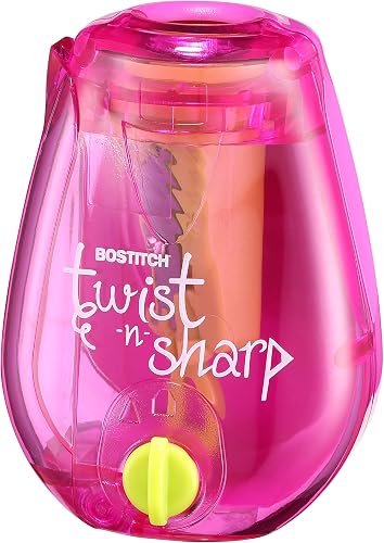 Bostitch Office Pencil Sharpener Twist-N-Sharp Colored Manual Small Pencil Sharpeners Hand Held, 1 Pack, Covered, Pink Portable Handheld Sharpener with Cover, PS1-PINK-EC