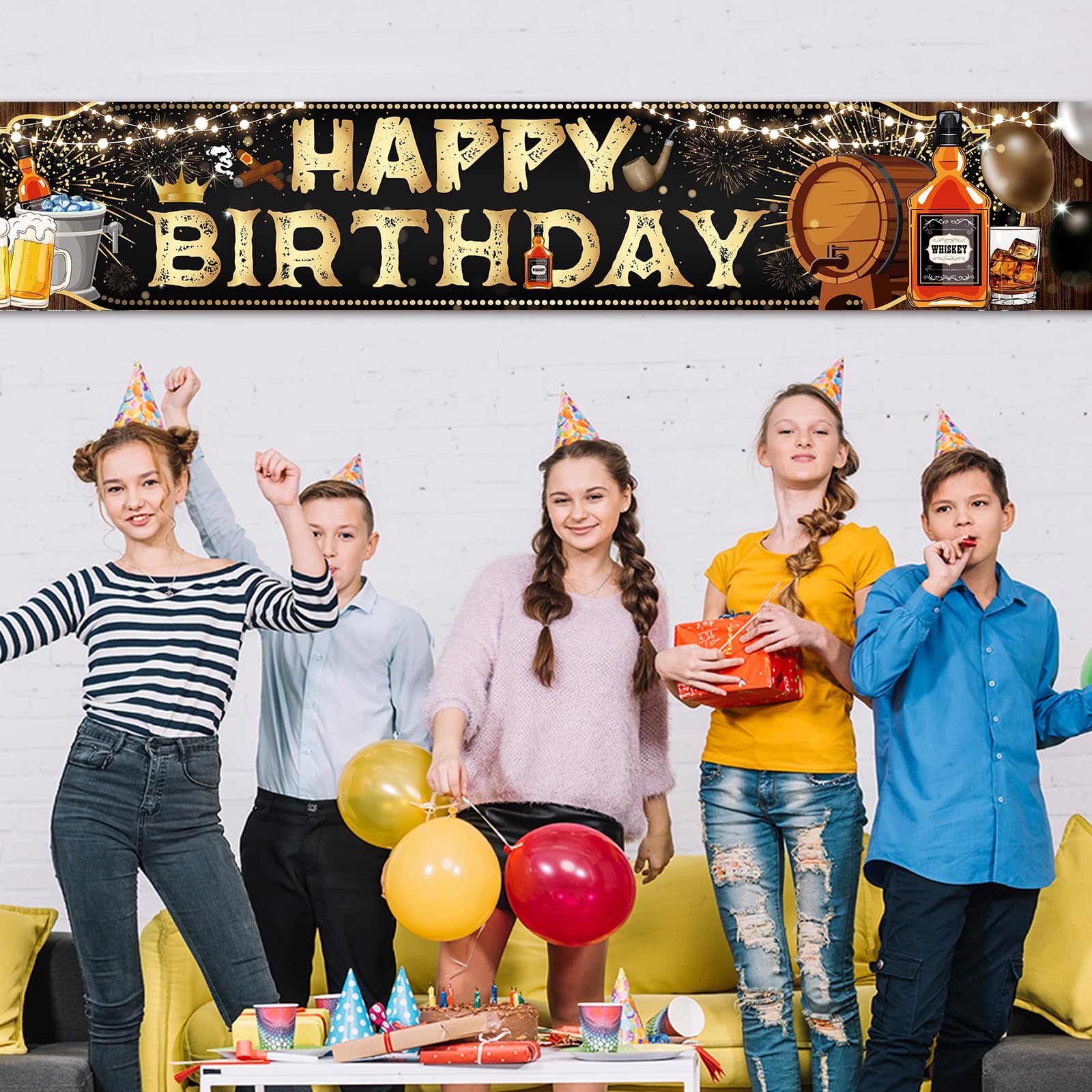 Decoraciones de fiesta de cumpleaños de whisky para hombres, póster grande de oro negro envejecido a la perfección, suministros de fiesta, cartel de feliz cumpleaños con temática de whisky y cerveza
