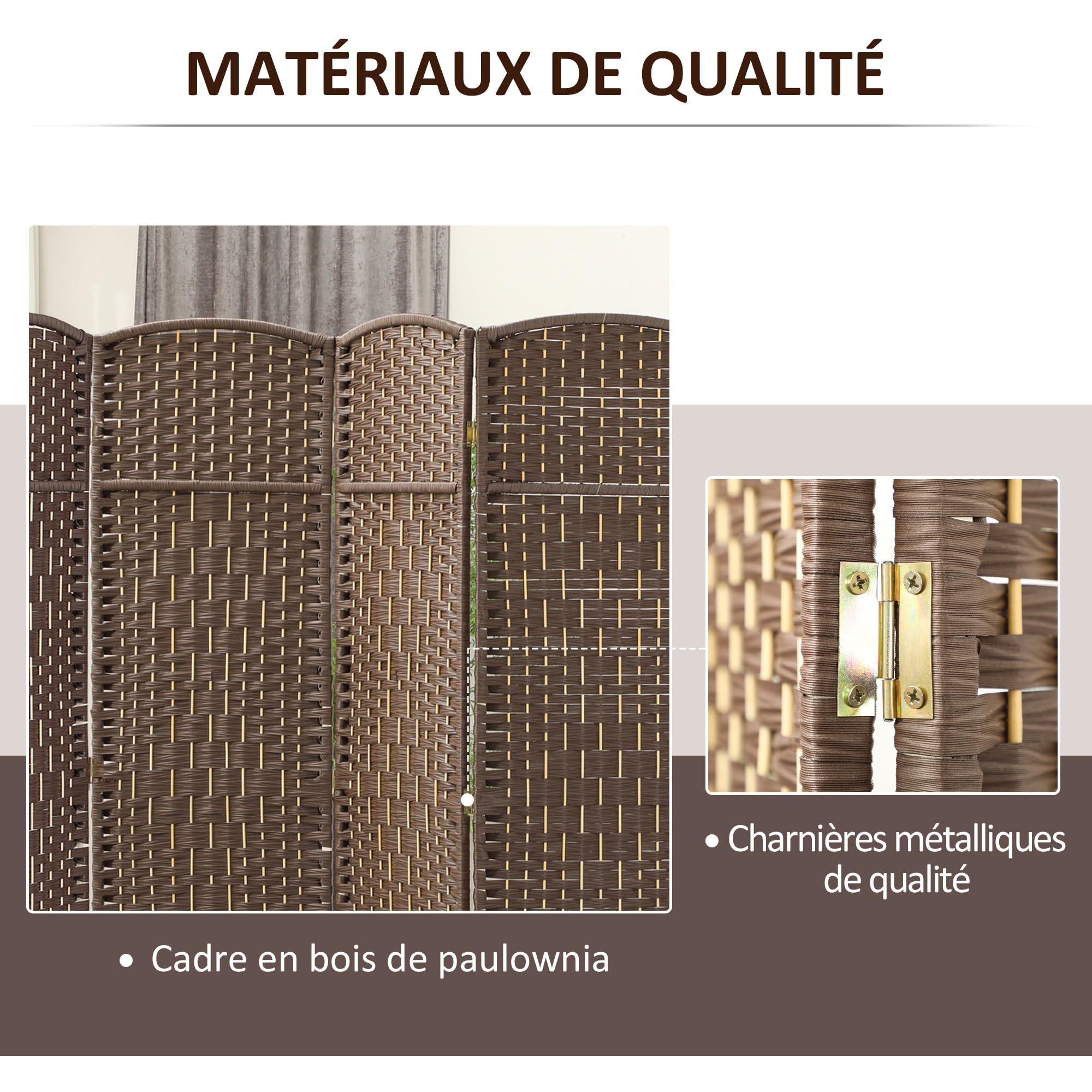 HOMCOM Parawan z drewna, 4 panele, 180 x 180 cm, składany, do salonu, sypialni, domu, brązowy