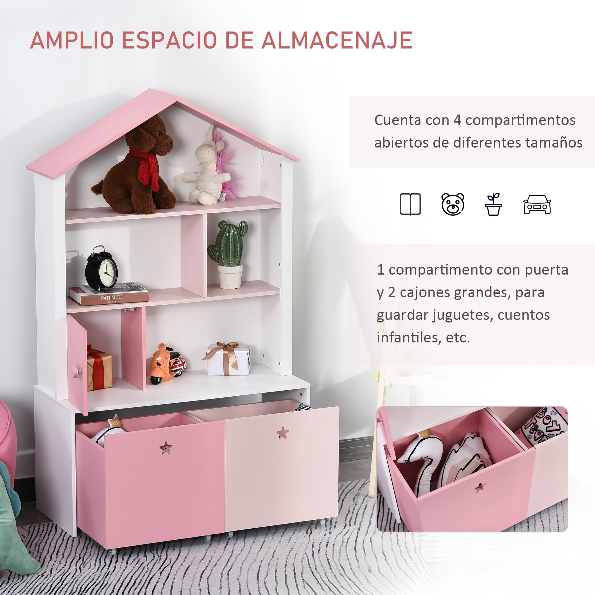 HOMCOM Kinderbuchregal aus Holz Kinderbuchregal mit 4 Fächern 1 Tür und 2 herausnehmbaren Schubladen mit Rädern für Bücher Spielzeug 80x34x130 cm Rosa und Weiß