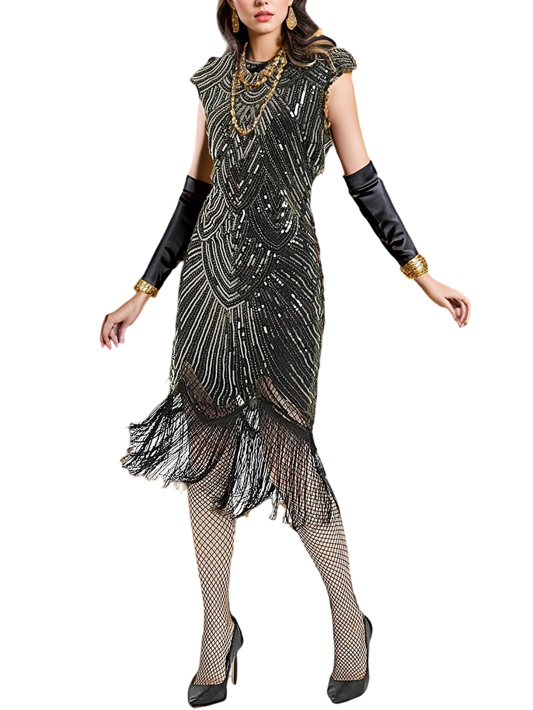 Figdaw Robe à franges à paillettes scintillantes pour femme pour bal de fin d'année, festival de musique