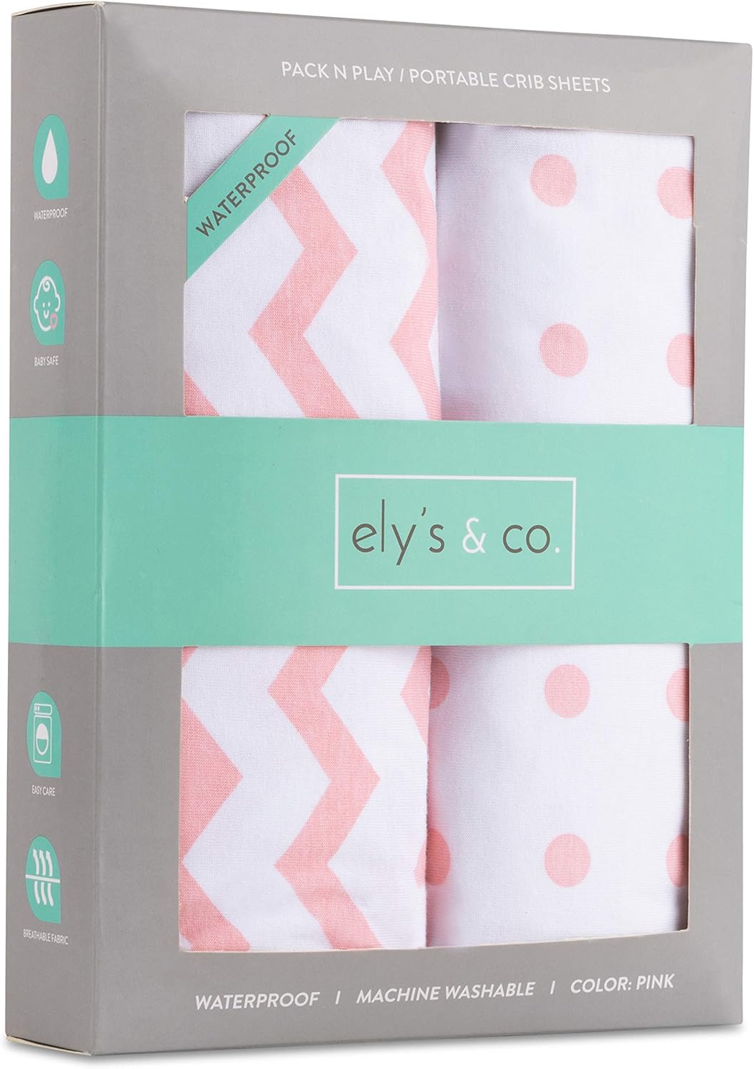 Ely's & Co. Kid's Waterproof Pack n Play Portable Mini Crib Sheet with Mattress Pad Cover Protection, White and Grey Chevron and Polka Dots (2 Pack)
