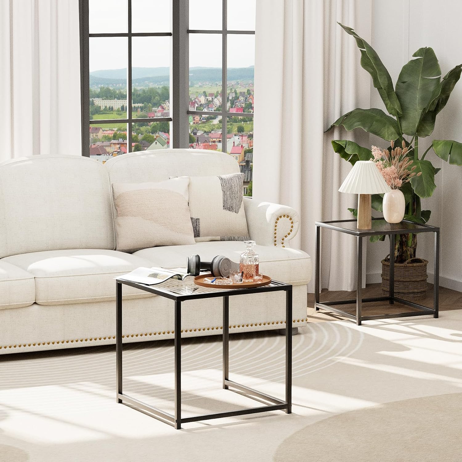 Garden 4 you Coffee Table Set of 2, Modern Patterned Glass Nesting Table, Metal Frame Square Center Table Set, Side Tables, Nesting Coffee Table for Living Room, Bedroom and Small Spaces, 19.7in Black