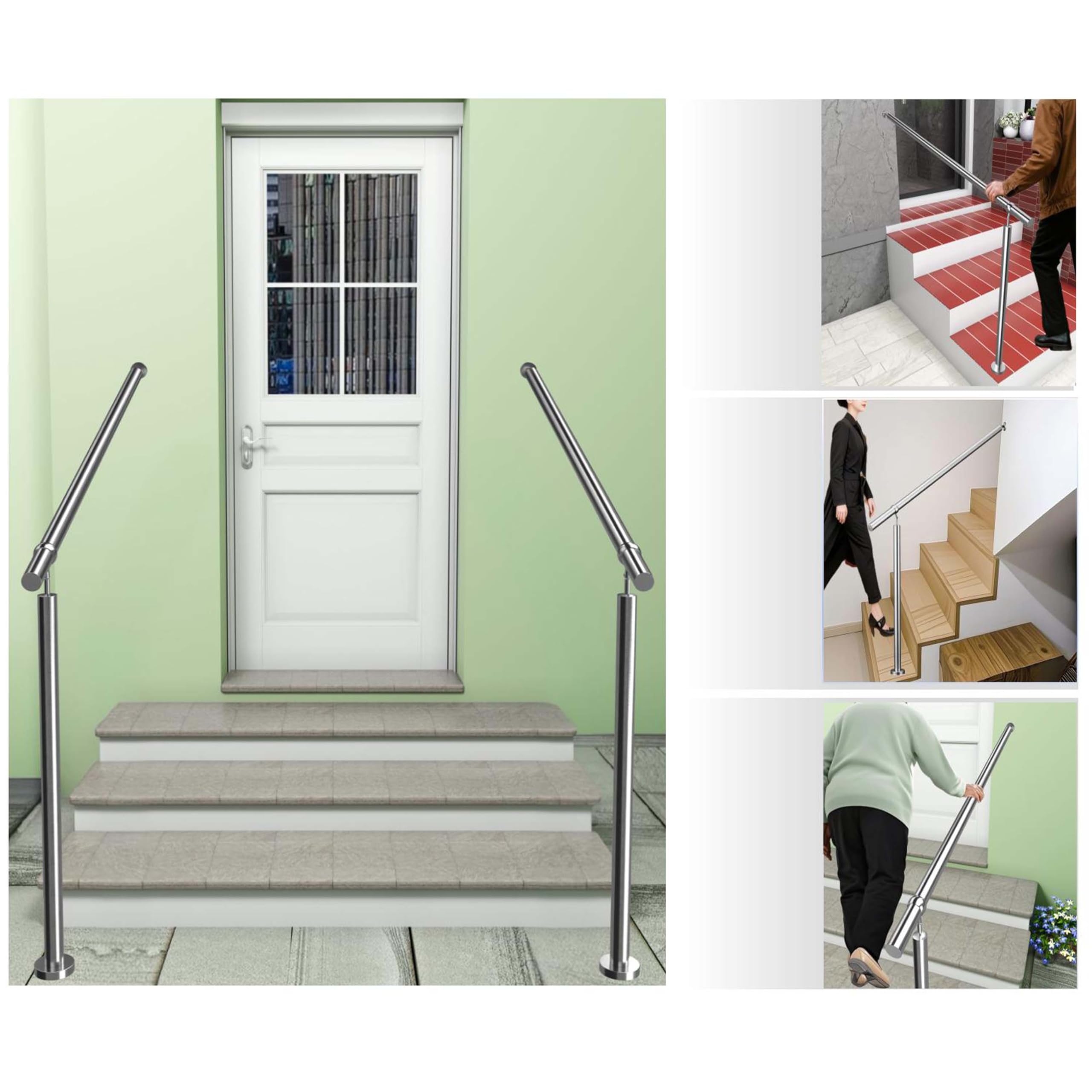 AICA Barandilla de escalera, Barandilla de entrada de acero inoxidable, ángulo de montaje ajustable, montaje en pared y suelo, para entradas, pasillos, interior y exterior, Plateado, 120x95 cm