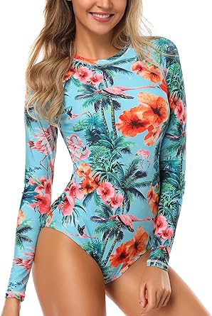AXESEA Womens Long Sleeve Rash Guard UV UPF 50+ Sun Protection Printed Zipper Surfing One Piece Swimsuit Bathing Suit