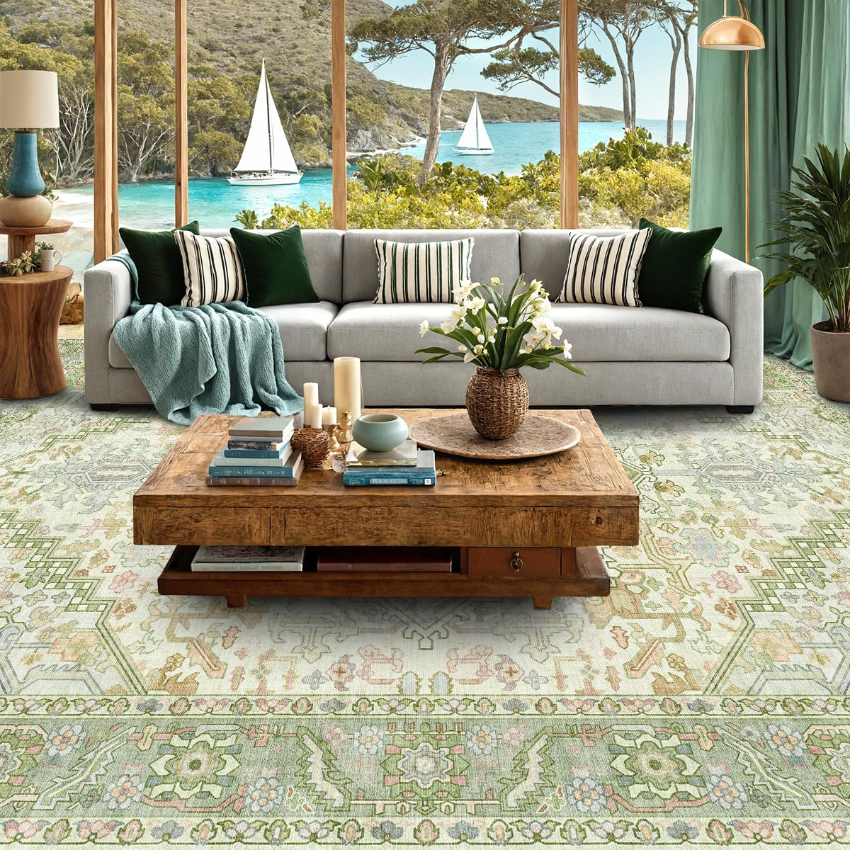 Kokia 9x12 Sage Light Green Vintage Boho Oriental Soft Washable Area Rug