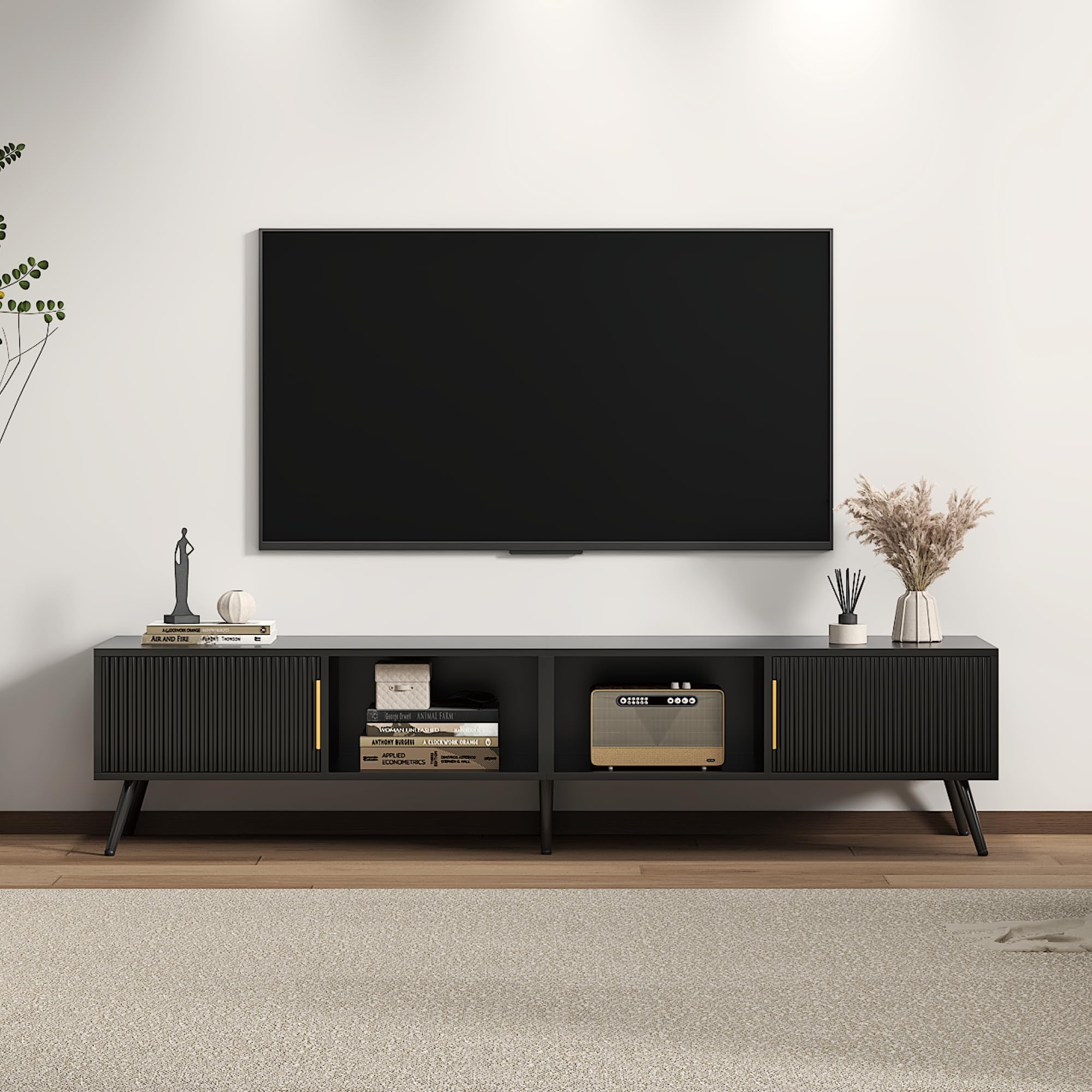 KEEPREAPER TV Schrank 171cm, Lowboard Modern mit Wellenfront und Metallgriffen, TV Lowboard Stehend für 75 Zoll Fernseher, Fernsehtisch mit Kabeldurchlass für Wohnzimmer (Schwarz)
