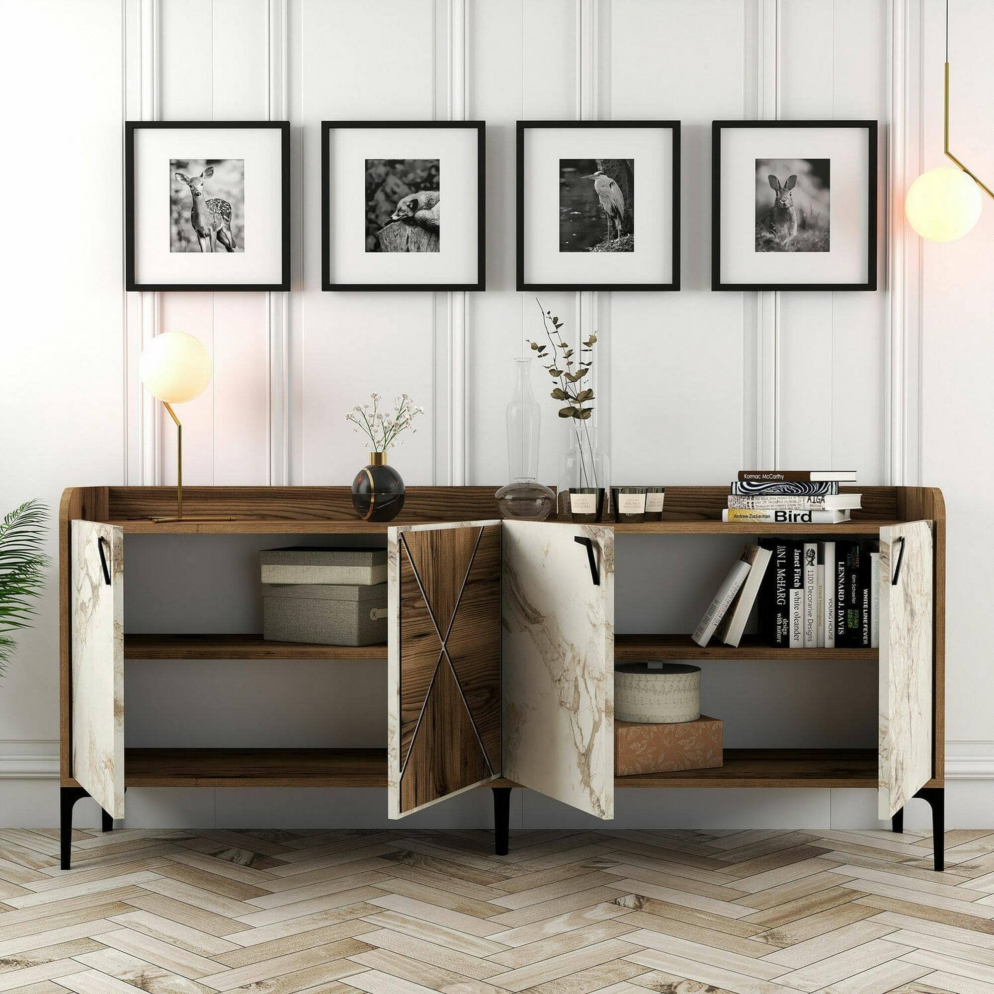 Dmora - Console Deneb, Buffet de Salon, Meuble Bas pour TV, Socle Mural équipé, 180x35 h78 cm, Noyer et Marbre Blanc