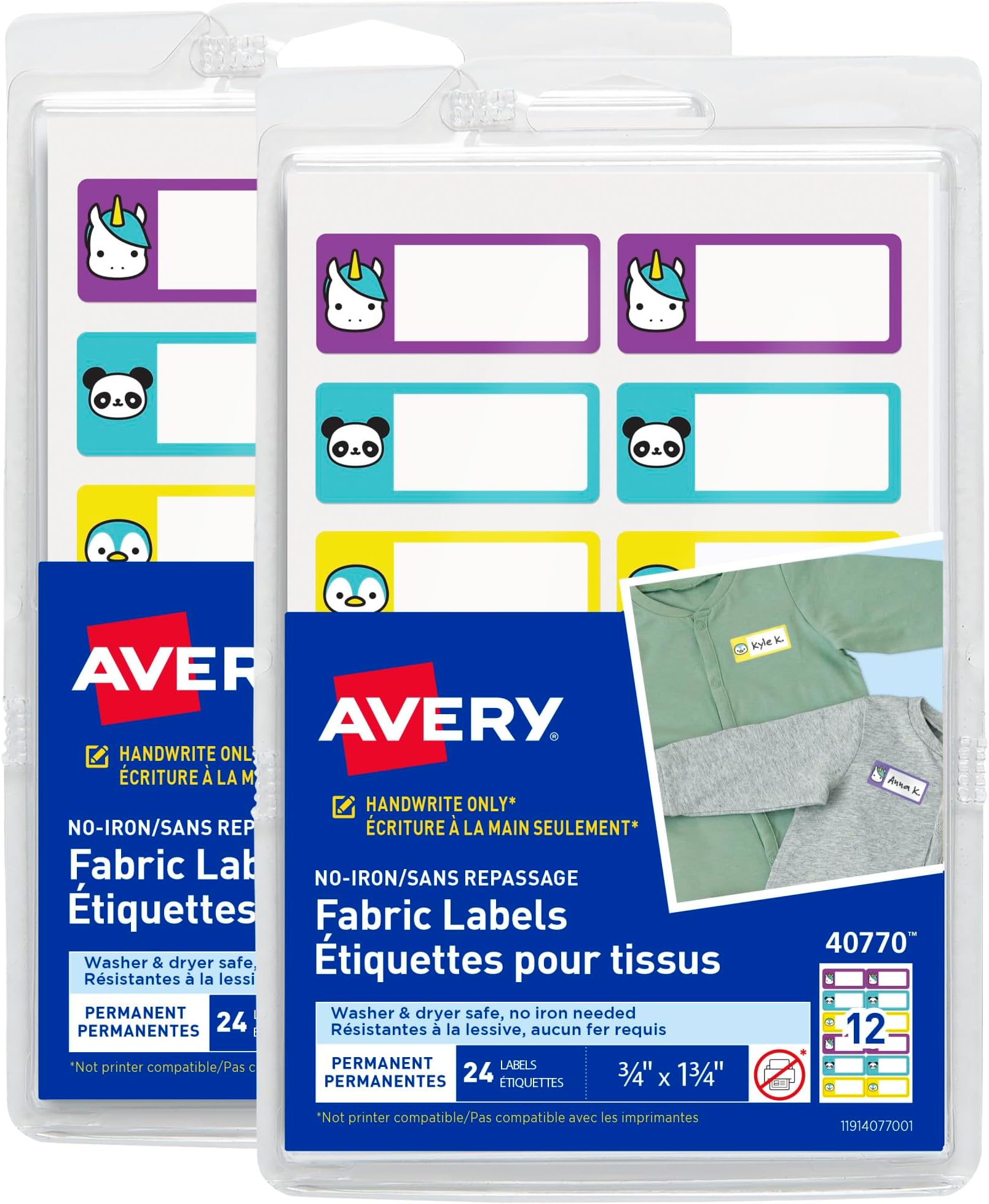 No-Iron Fabric Name Labels, Cute Animals Preprinted Designs, Handwrite-Only, 2-Pack, 48 Preprinted Labels (21958)