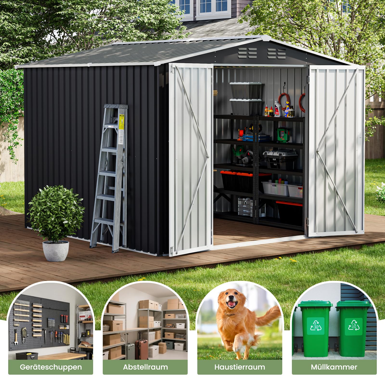 UDPATIO Metall Gartenhaus mit 10 m³, Pultdach - 250 x 248 x 194 cm für den Außenbereich, Geräteschuppen, Fahrradgarage, Verzinkter Stahl mit Abschließbarer Tür für Hinterhof,Dunkelgrau