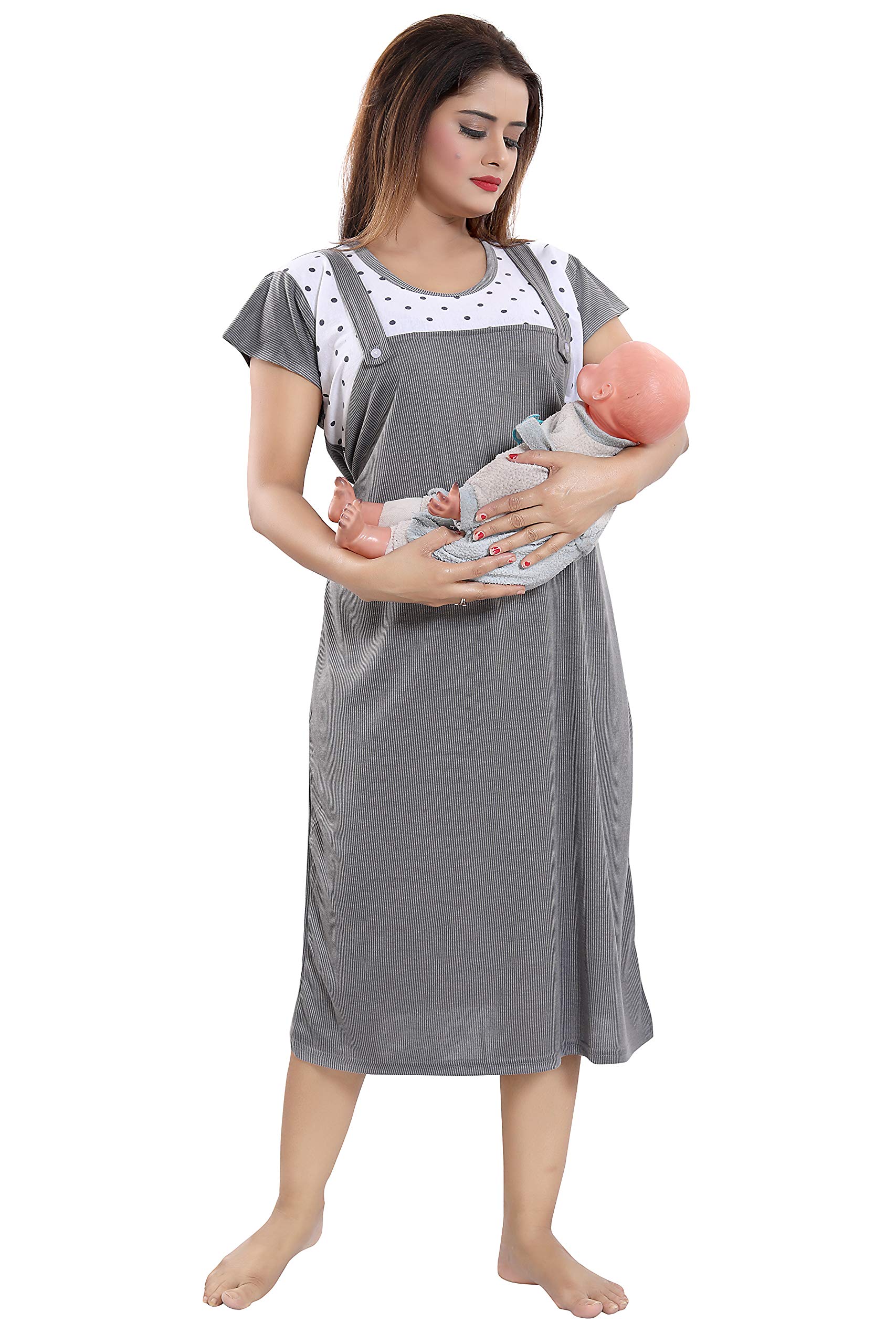 Fabme Women's Polyester Blend Dungaree Knee Length Nighty Pre and Post Pregnancy