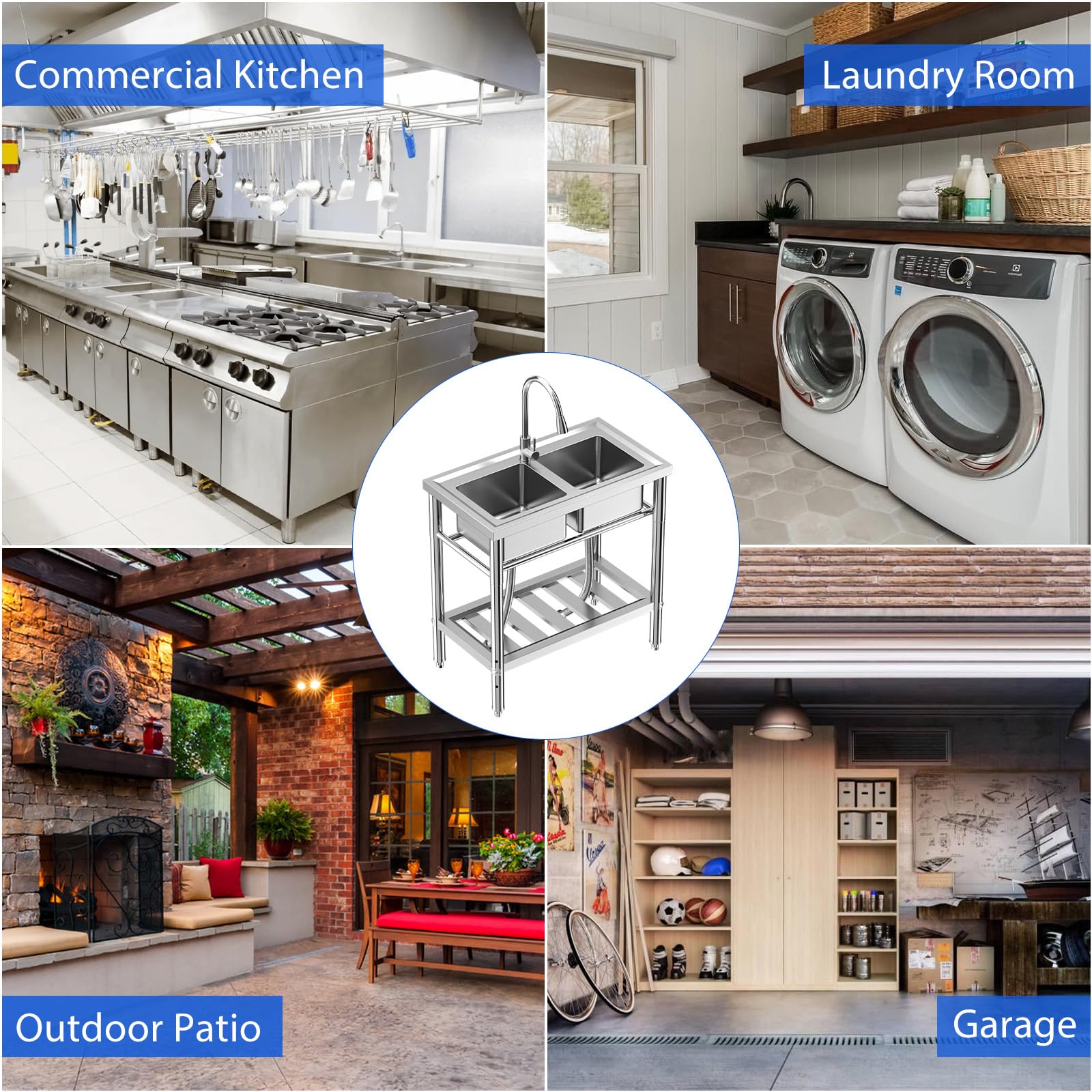 Zstar Professionelles 304 Edelstahl Doppelspülbecken – Freistehend, verstellbare Beine, mit Wasserhahn, NSF-zertifiziert – Ideal für Küche, Waschküche, Garage oder Restaurant