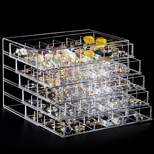 Greentainer Joyero acrílico con rejilla de 120, organizador de almacenamiento de aretes transparente con tapa transparente para 5 cajones, bandeja