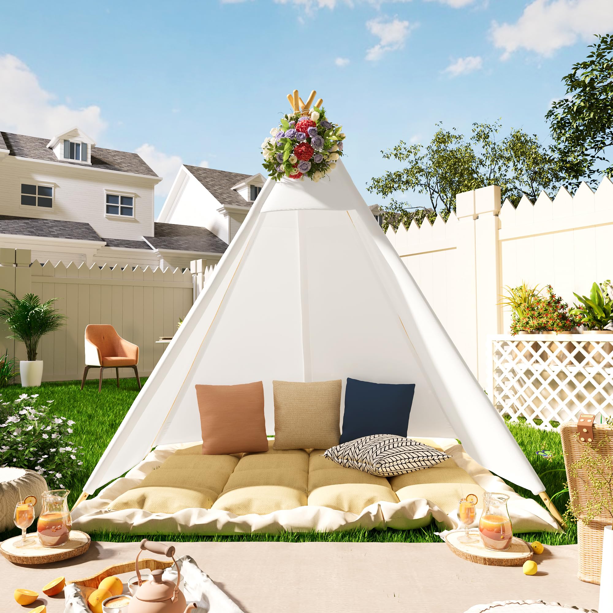 Betterhood 2,1 m großes Tipi für Erwachsene, Kinder Indoor & Outdoor Spielzelt mit Tragetasche, 5 Seiten Leinwand für Party, Hochzeit, Foto Requisite, Weiß Spielzeug