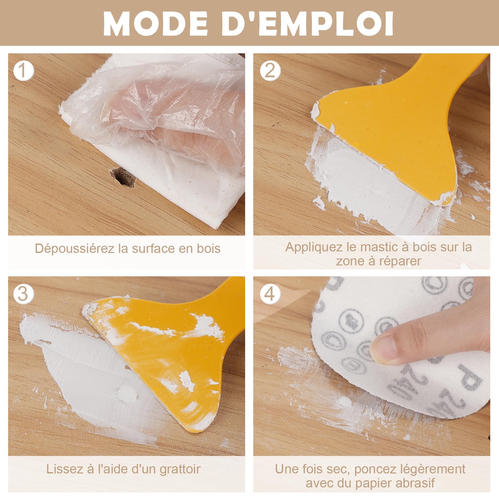 SEISSO Mastic à Bois Blanc 500g, Kit de Réparation de Parquet Imperméable à l'eau pour l'extérieur - Restauration de Tables en Bois, d'armoires, de Planchers et de Portes en Bois