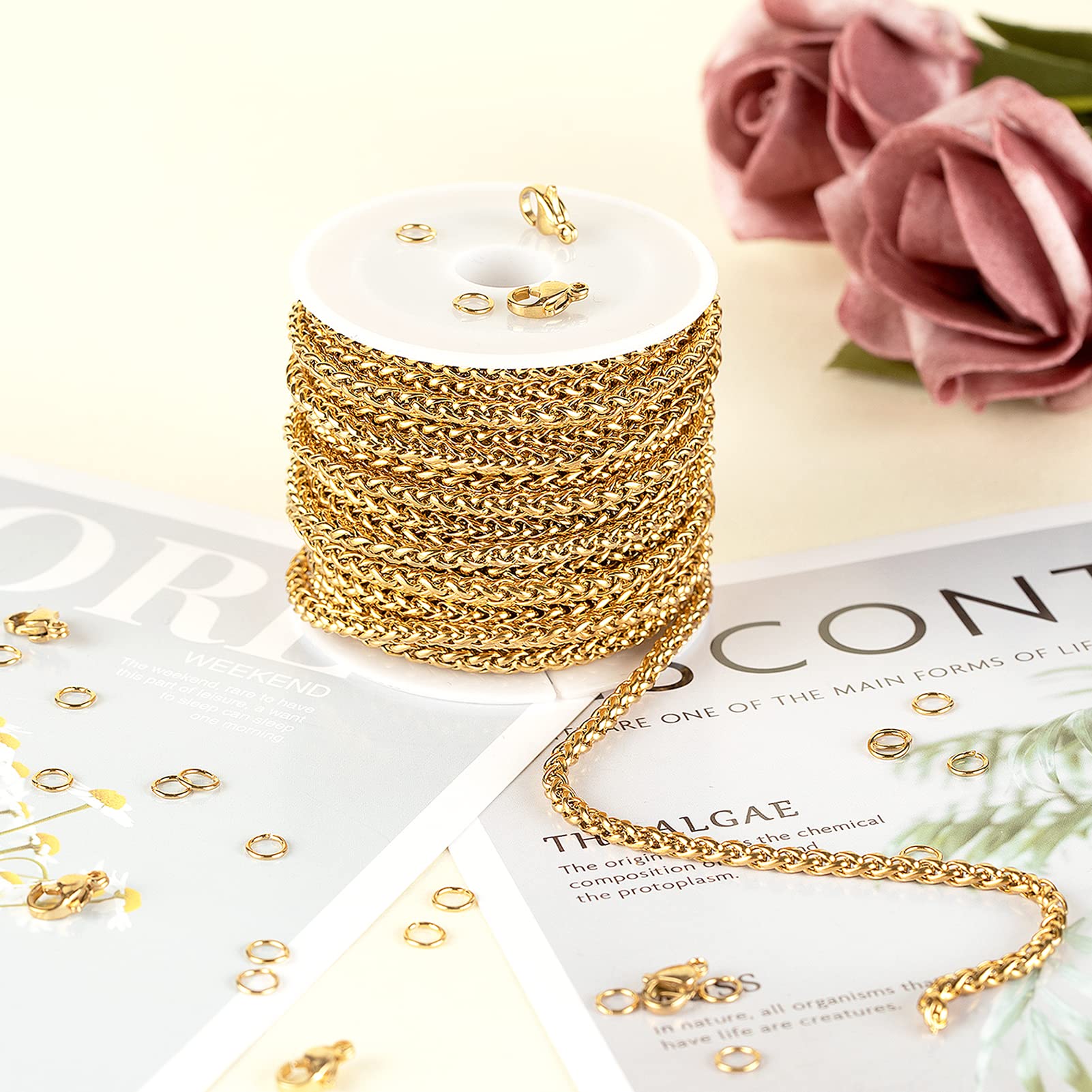 PATIKIL Total 10 M De Chaîne De Perles Avec Bobine, Chaîne En Laiton Pour La Fabrication De Bijoux, Colliers, Bracelets, Accessoires, Or Rose