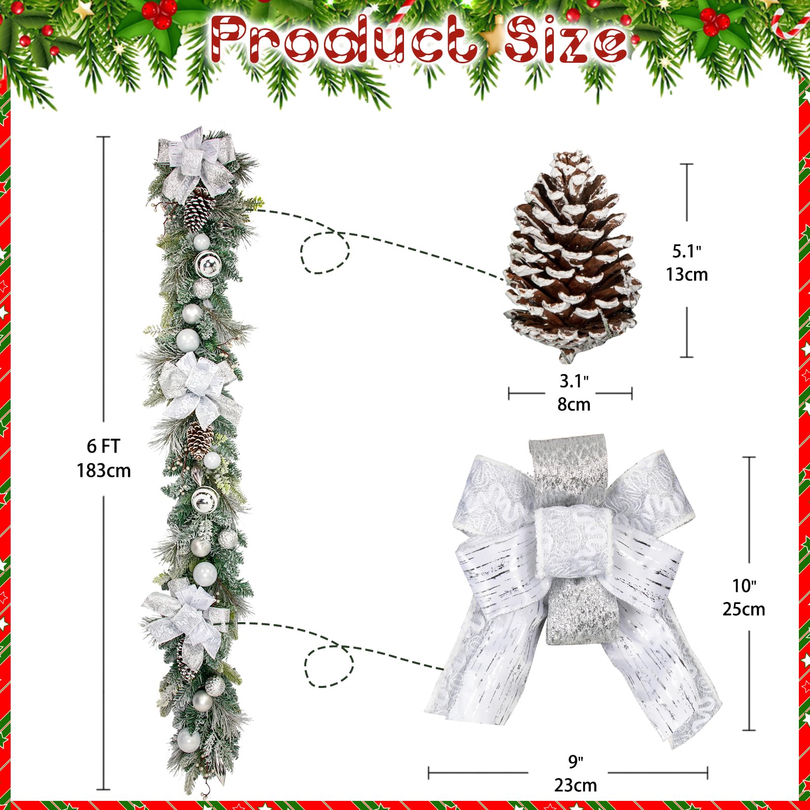 180cm Weihnachtsgirlande mit Dekorative Weihnachtskugeln, Schleife, Tannenzapfen Weihnachtsdeko Türkranz für Feste Advent, Hauswandbehang oder Weihnachtsdekoration