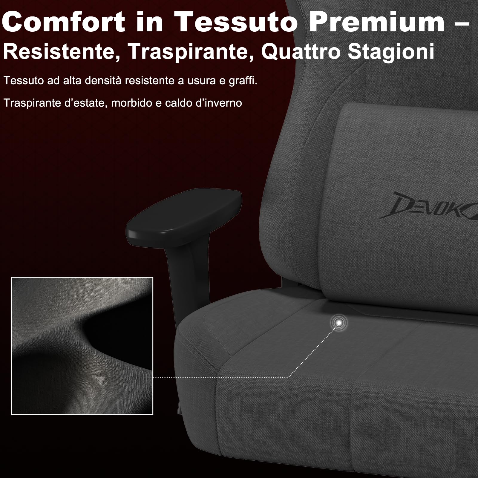 Devoko Sedia Gaming Ergonomica in Tessuto Traspirante, Schienale 90–135°, Braccioli 3D Regolabili, Supporto Lombare e Poggiatesta, Sedia Ufficio Gaming per Adulti, Grigio Scuro
