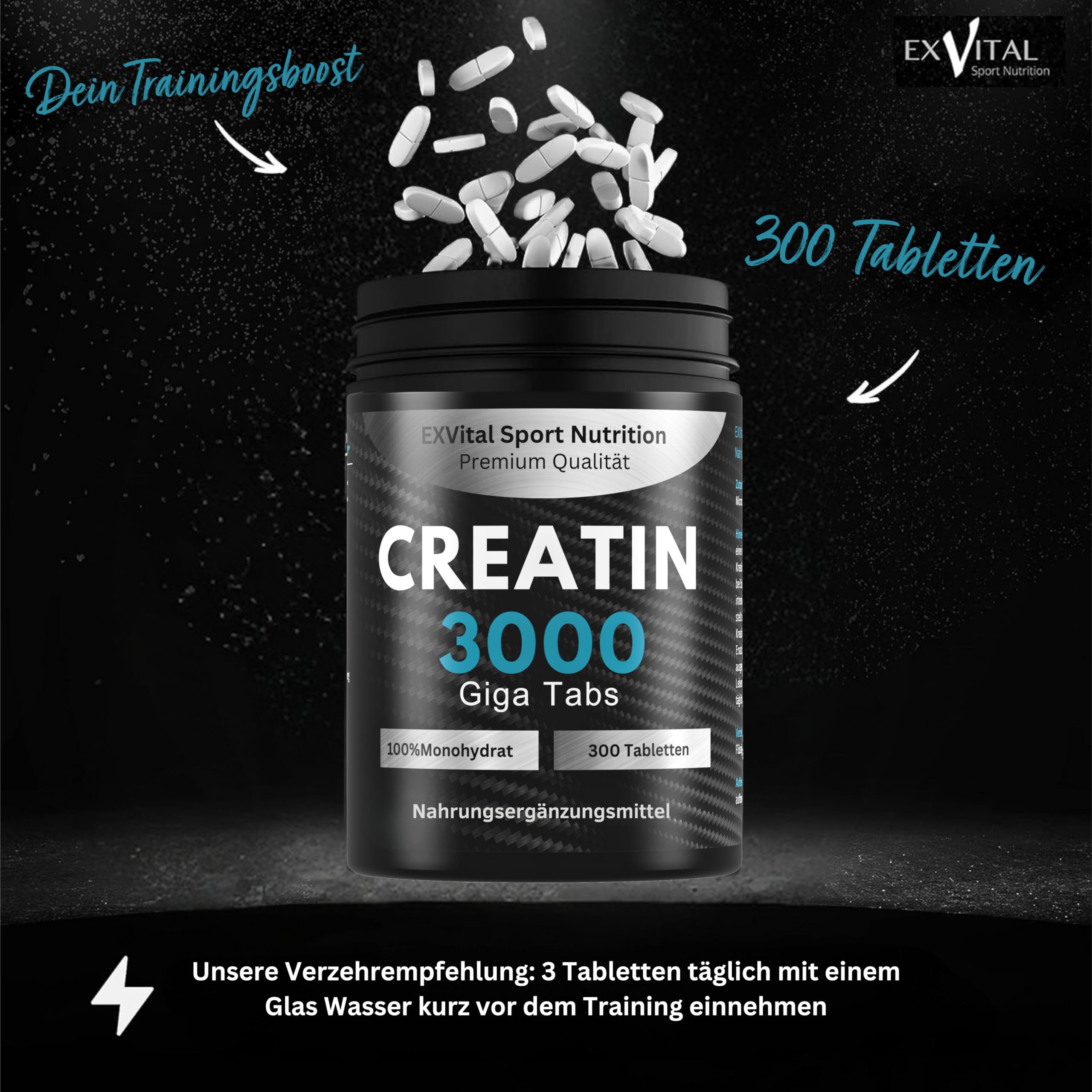 Creatin 3000 Giga Tabs, 3450mg Creatin Monohydrat pro Tagesdosis, 300 vegane Tabletten, Alternative zu Kreatin Kapseln & Pulver, Training, Sport, Fitness