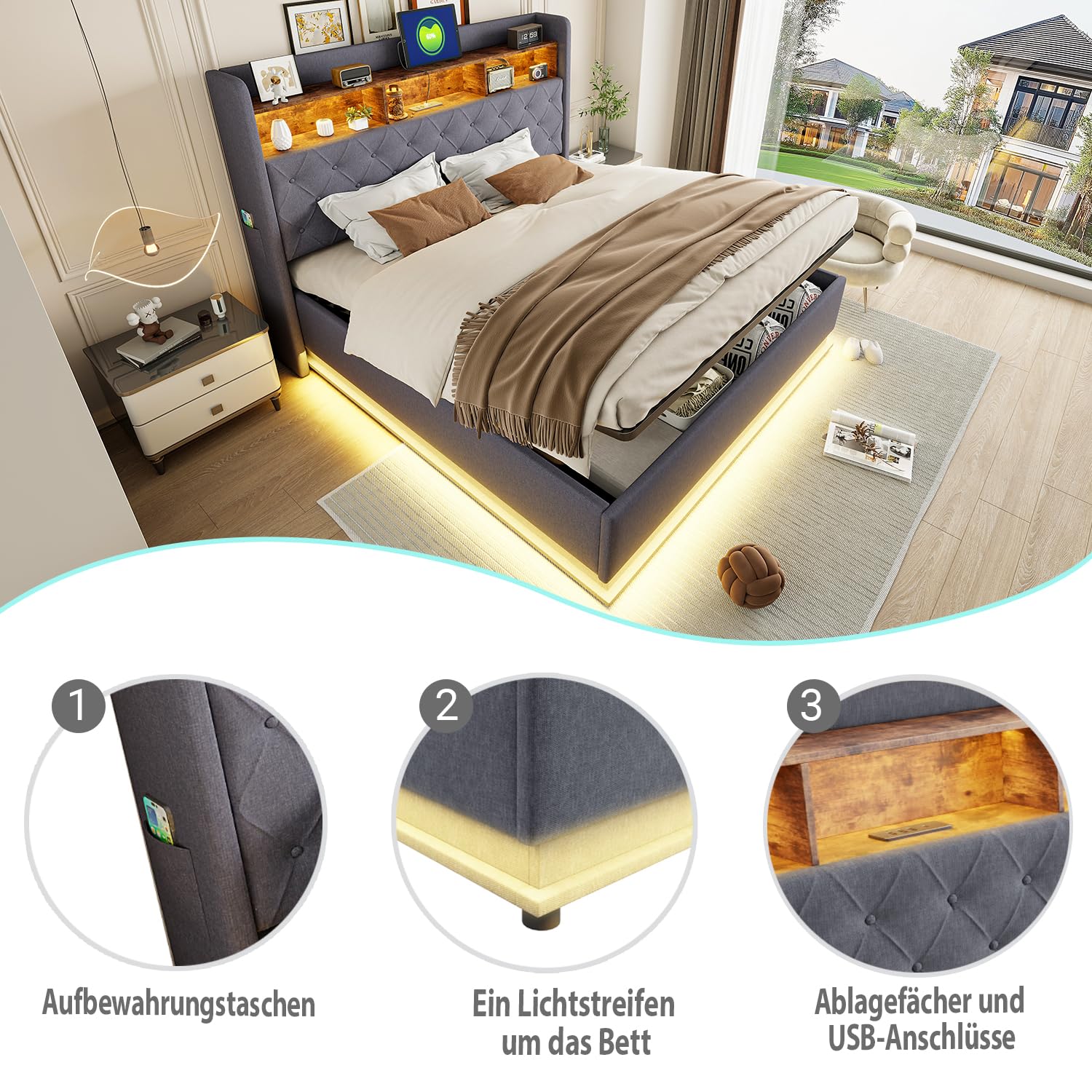 Kebnor - Letto imbottito con LED, letto imbottito con spazio di archiviazione e presa USB e spazio di archiviazione idraulico, tessuto di lino amichevole per la pelle (grigio, 180 x 200 cm)