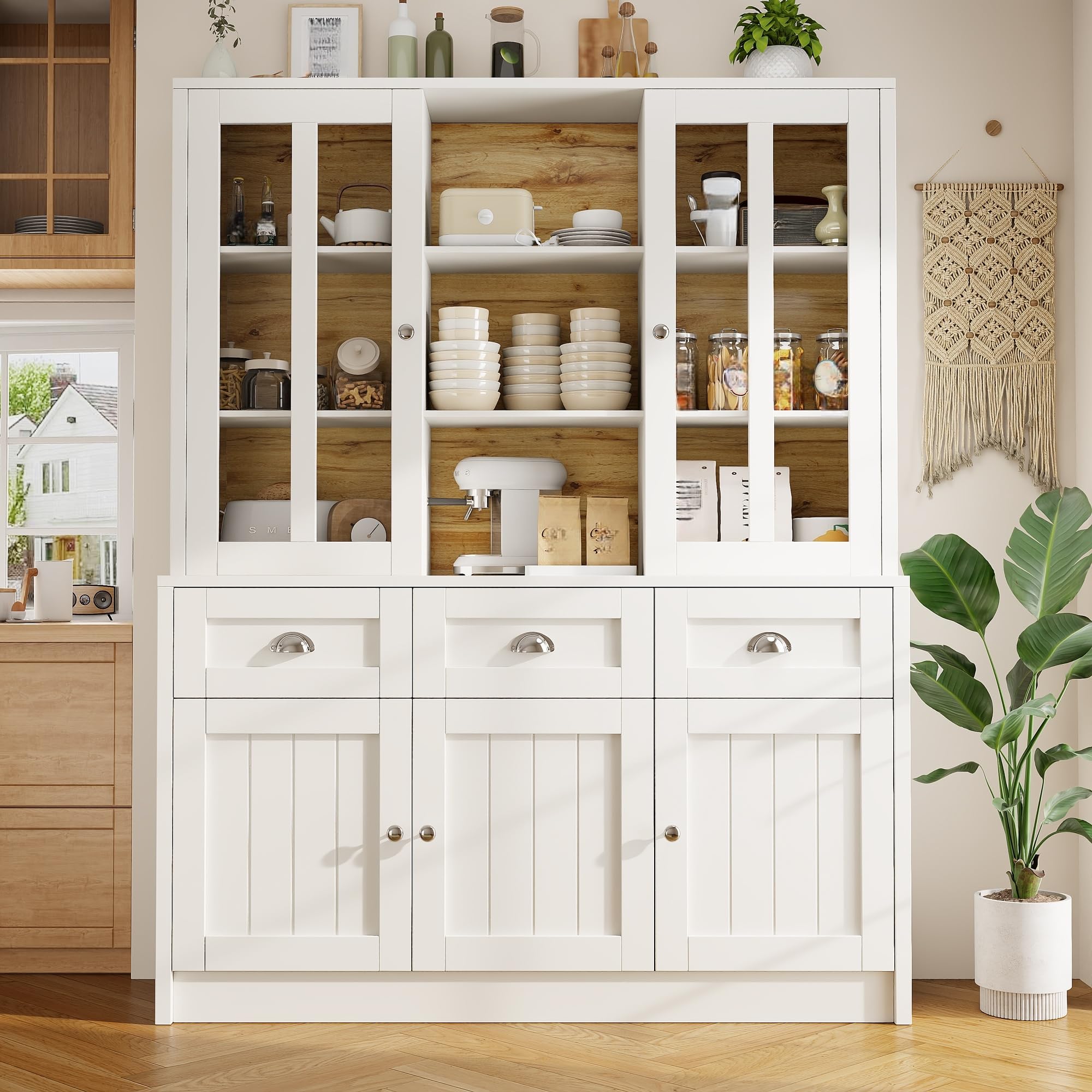Küchenschrank mit Schubladen und Türen, Buffetschrank Hochschrank mit 9 Ablagefächer und Metallscharnier, Küchenbuffet Küchenschränke Küchenmöbel, Esszimmermöbel, Weiß, 140×38.5×175 cm