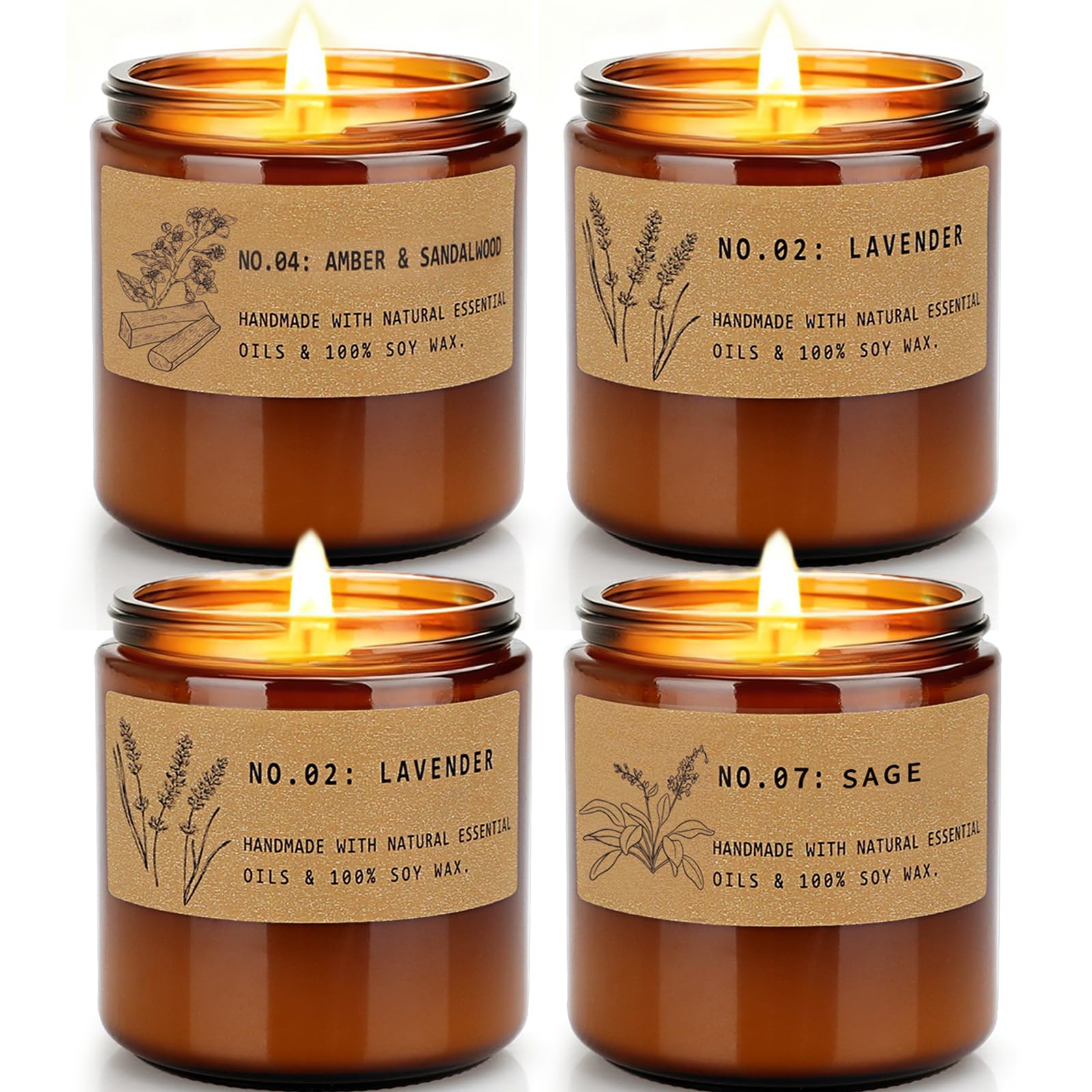 Scented Candles for Women – Large 36 oz Scented Candle Gift Set for Birthday Valentine's Day, Natural Soy Wax Amber Jar Candles with Lavender & Sage, 4-Pack Aromatherapy Set