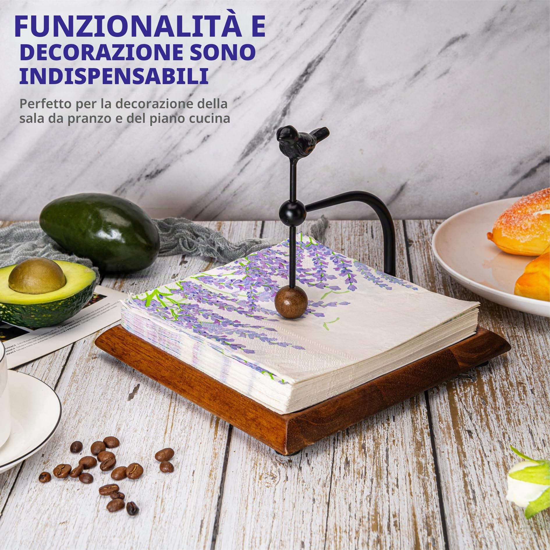 Portaservietta in legno con manico a forma di uccello, Elegante portaservietta piatto con braccio pesato per serviette di carta, serviettes da cocktail – Perfetto per cucina, tavolo da pranzo, caffè