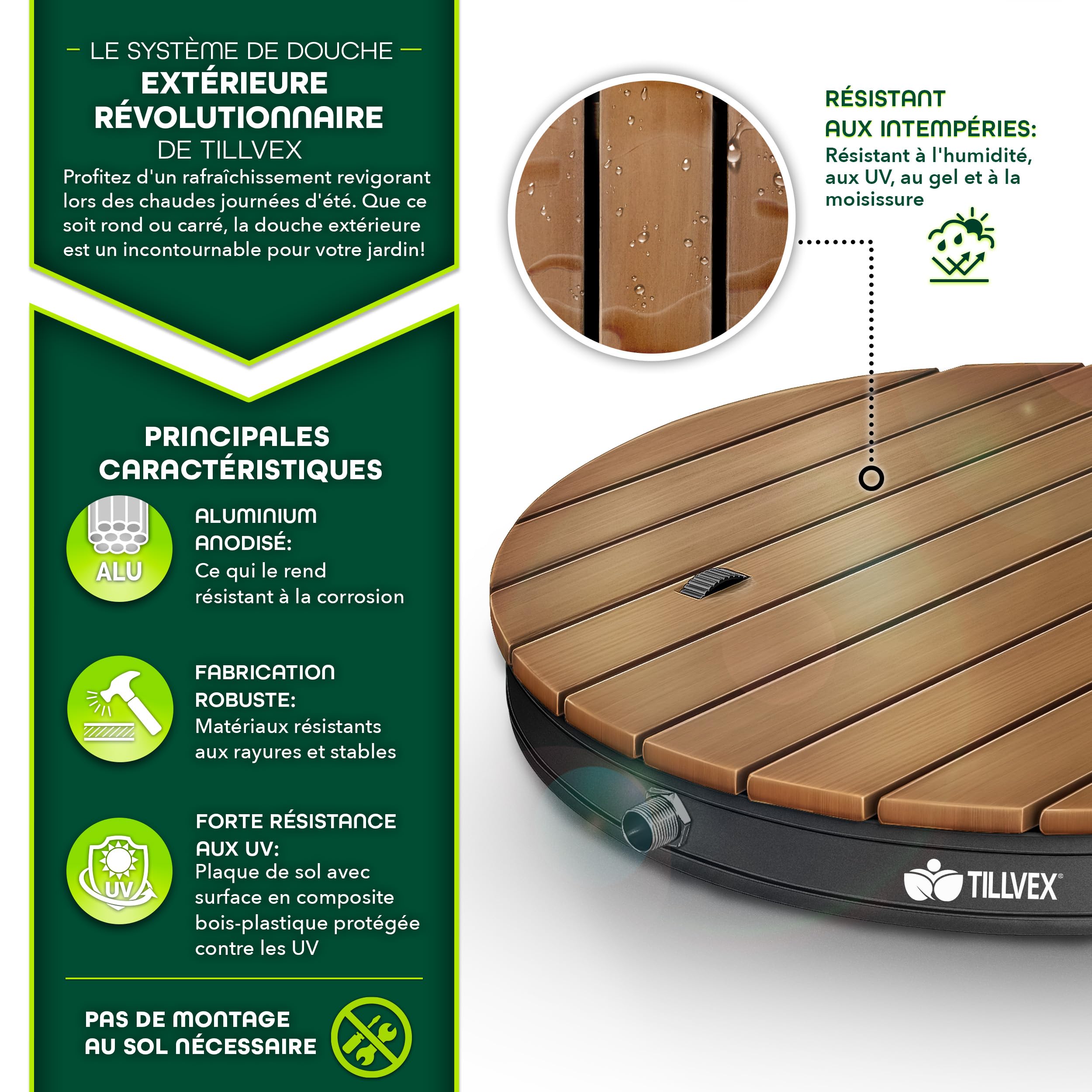 tillvex® Douche de Jardin extérieure jusqu'à 4m de Hauteur de Jet | Douche au Sol avec pédale | Douche de Camping, Sol antidérapante | Douche de Sauna (Anthracite - Rond)