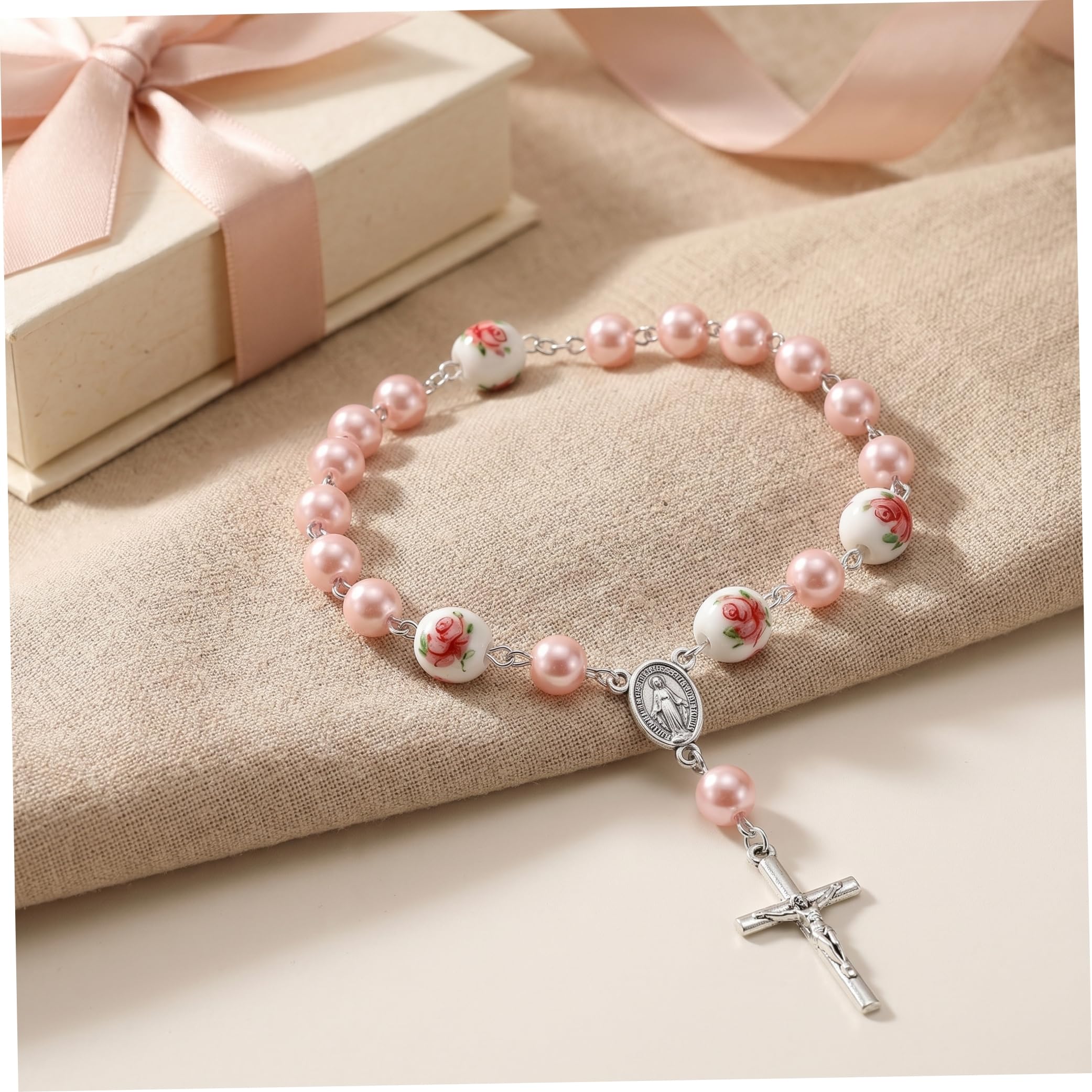 Mini chapelet, 50 pièces chapelet de baptême faveurs bracelets de perles fleurs en céramique avec pendentif croix pour baptême mariages première communion, 2, 2 pouces, cadeaux, mini