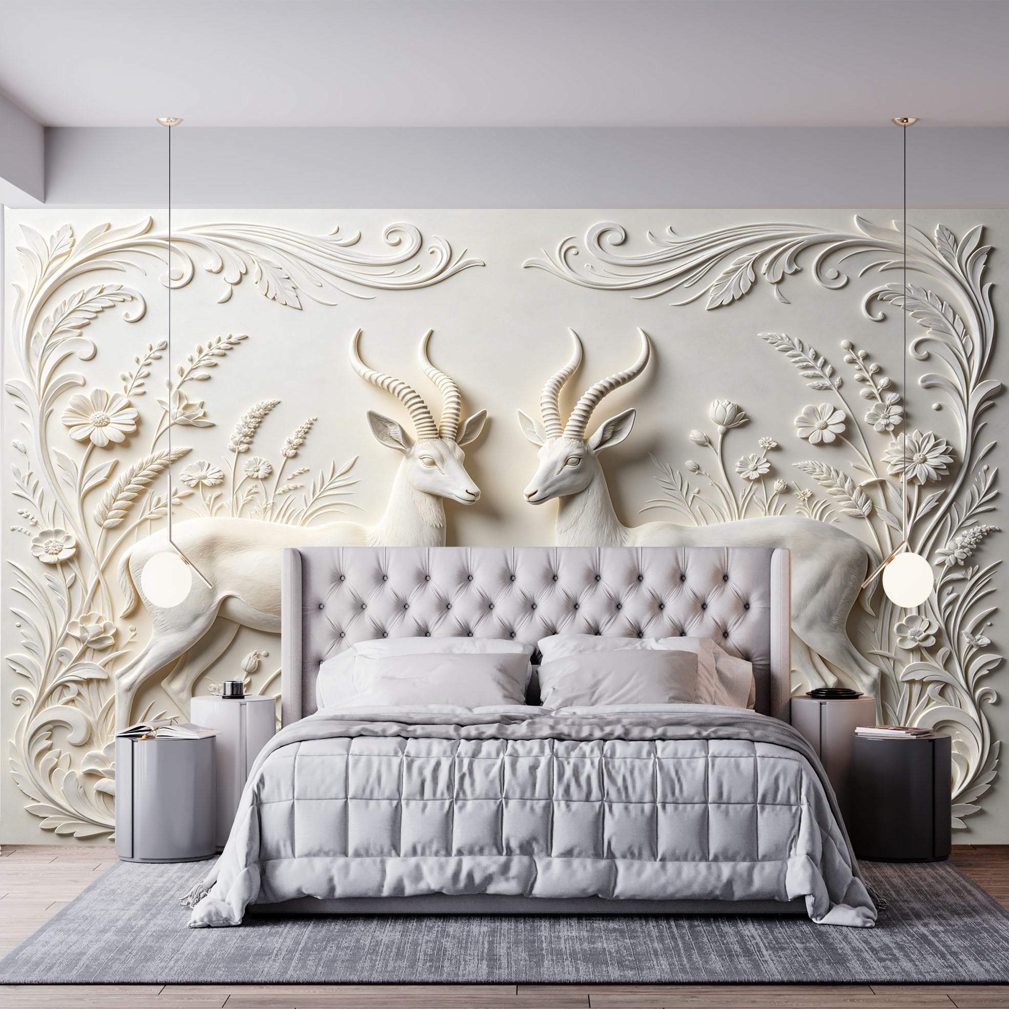 Elegancki jeleń para kwiatowy mural ścienny romantyczny las jeleń kwiat włókniny tapeta luksusowa neoklasyczna botaniczna kwiatowa fototapeta 500 x 280 cm kremowa biel cecha ściana do salonu sypialni