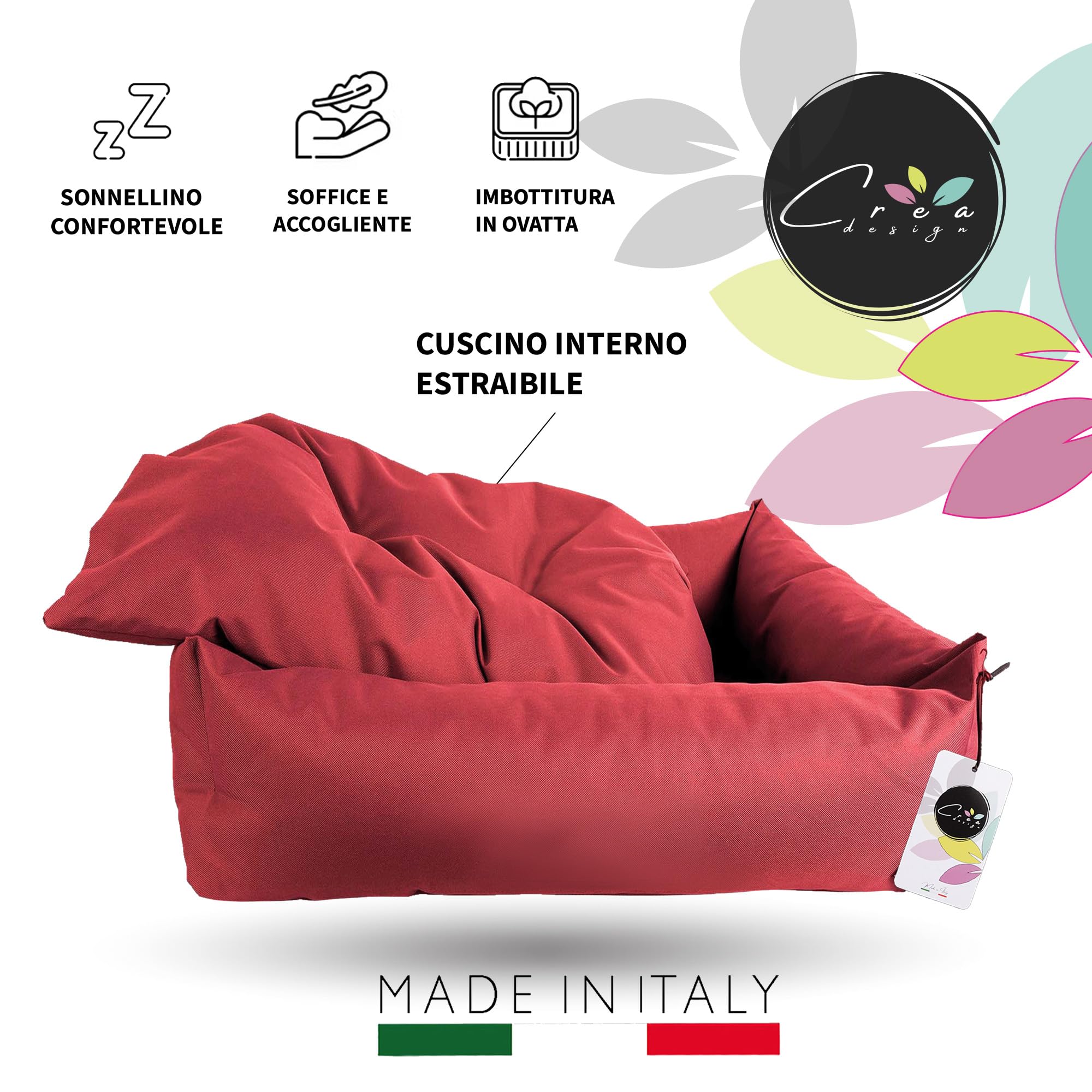 Crea Bed - Cuccia lettino per cani idrorepellente resistente ai graffi, realizzata a mano in Italia. Cuscino per Cane tessuto robusto per l'uso interno ed esterno.M/L |85 x 70 cm, BORDEAUX