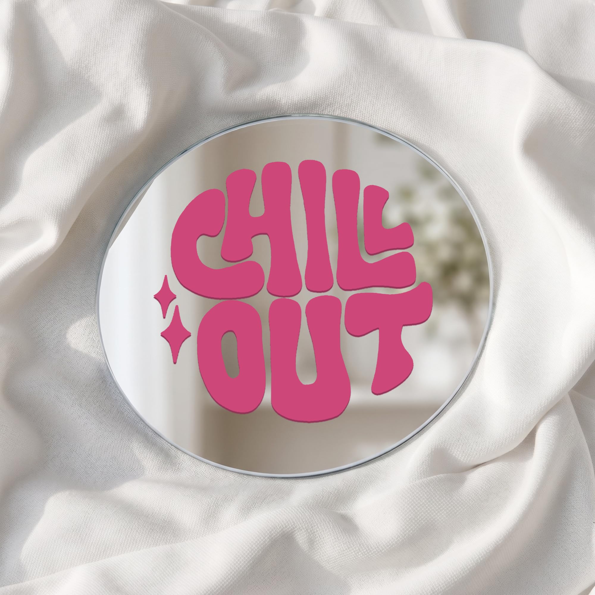Round 6 Inch Glass Mirror with Vinyl Quote Decal | Decorative Wall Mirror for Bedroom, Vanity & Hall | Frameless Aesthetic Glass | Affirmation Quote (Chill Out, Matt Pink)-image-39