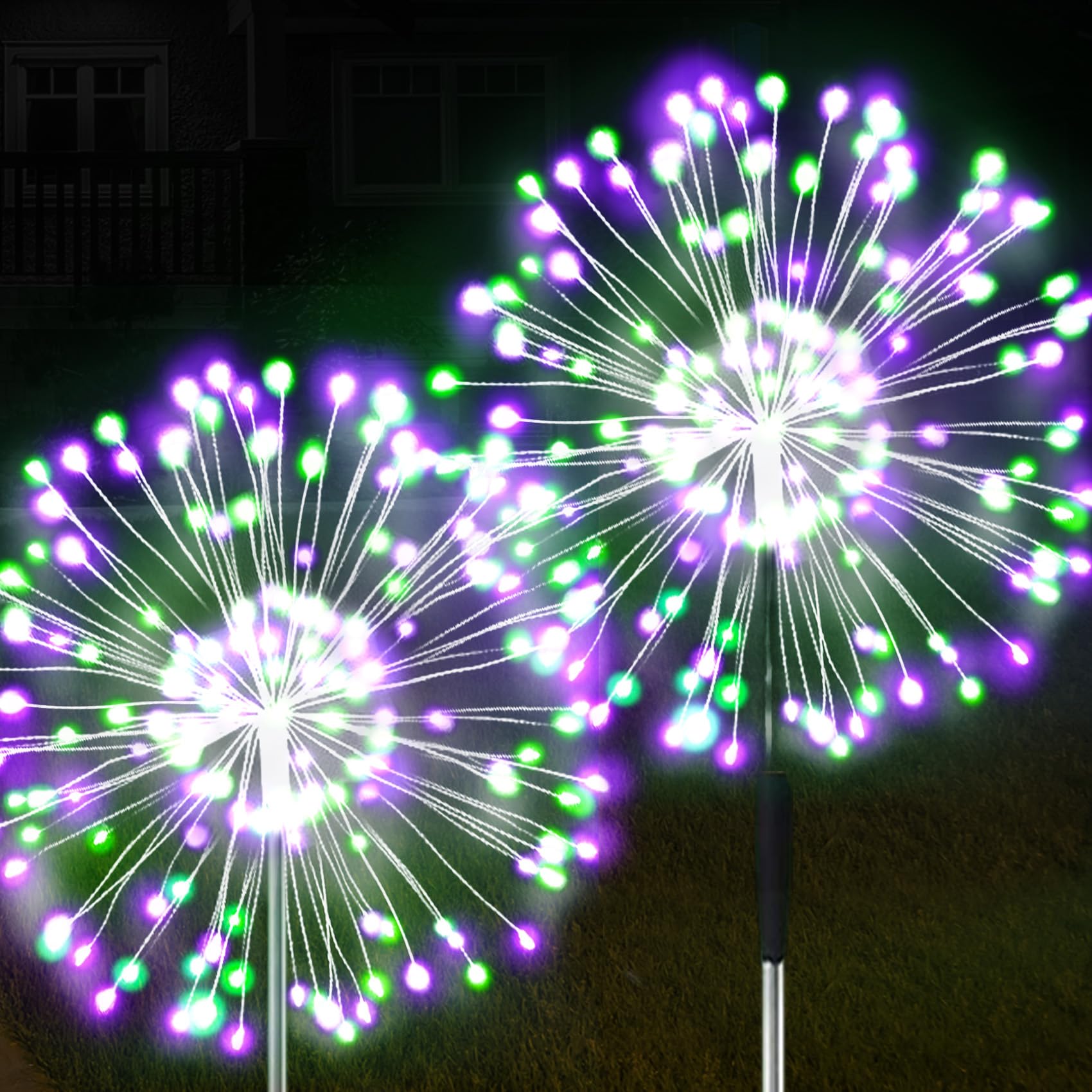 Solar Firework Lights, 2 Pack 120 LEDs 2 Lighting Modes Solar Garden Lights Outdoor Waterproof for Yard Patio Walkway Pathway Party Wedding Christmas Decorative - Green and Purple