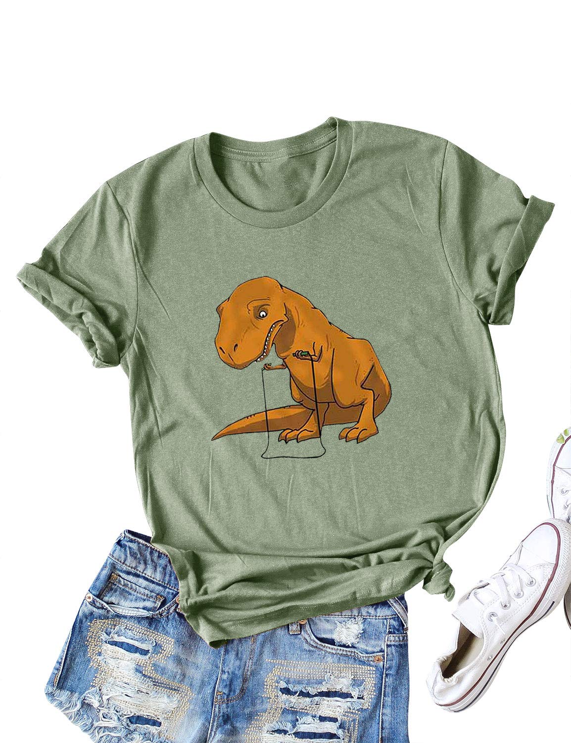 RMCMSDinosaur Top for Women Crewneck Tee Funny Cartoon Dinosaur Printed Plus Dinosaur T Shirt Short Sleeve Summer Cute Tops