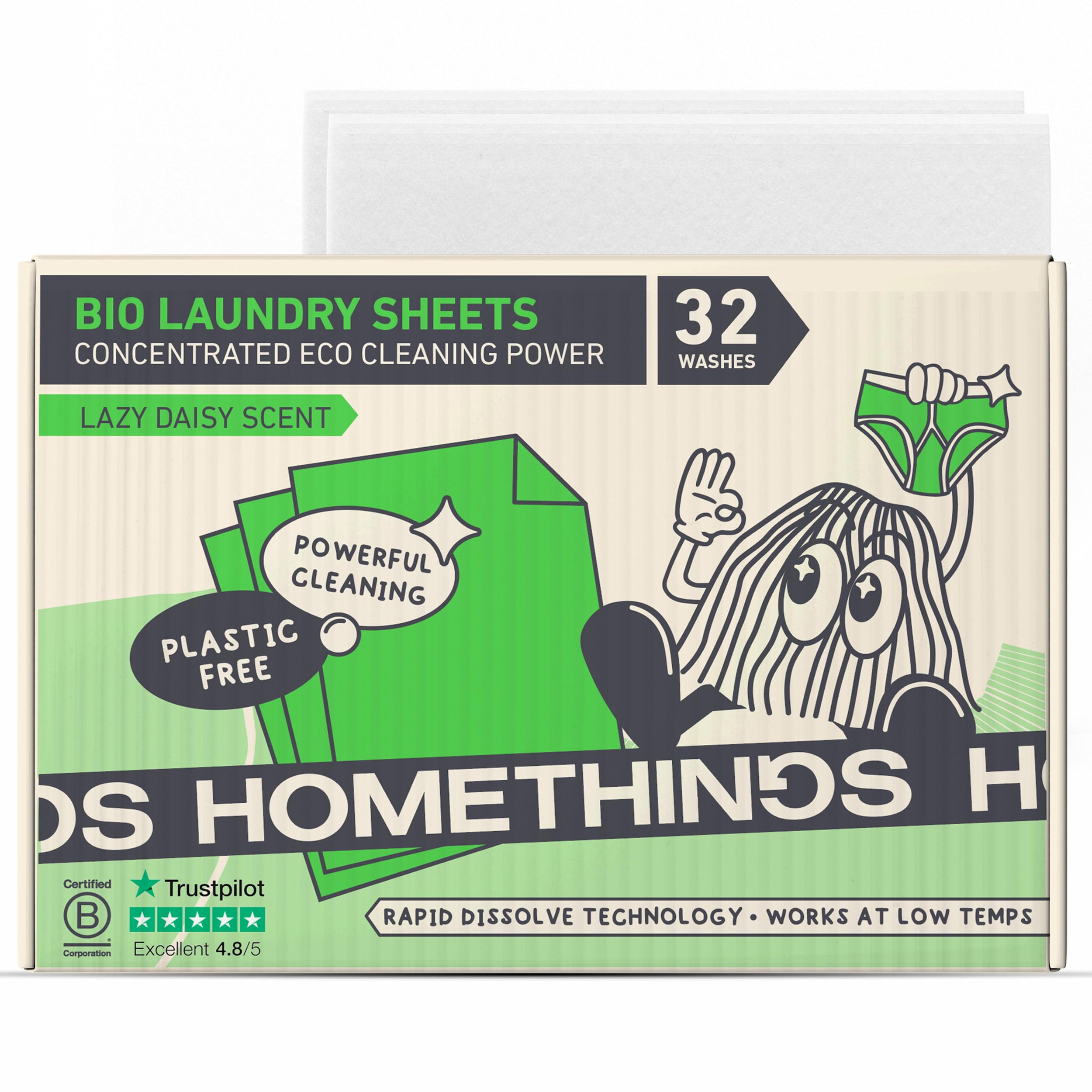 Homethings Laundry Sheets, 32 Laundry Sheets (up to 64 washes), Eco Friendly Laundry, Bio, Lazy Daisy Fragrance