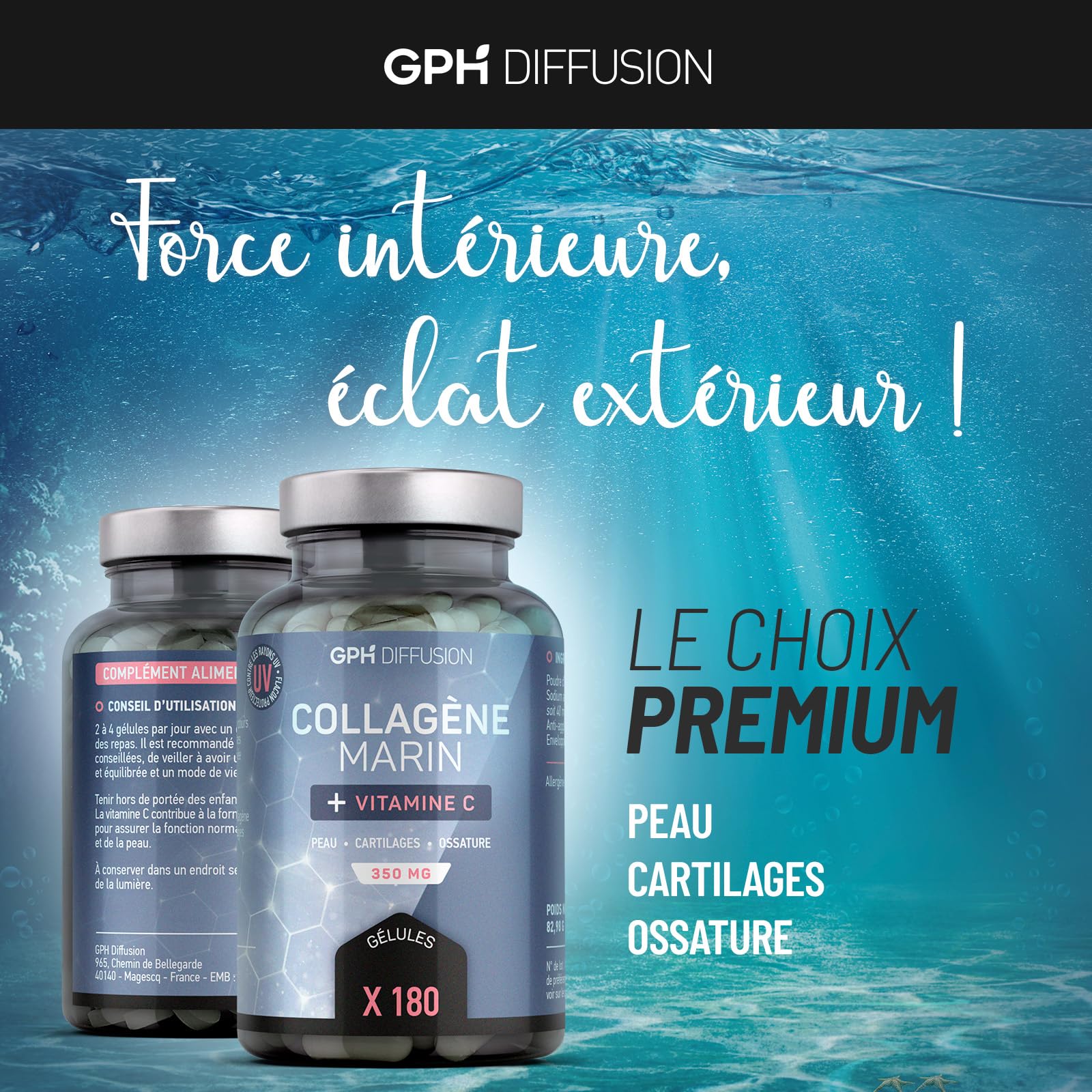 Collagène Marin + Vitamine C - 350 mg - 180 gélules - Peau, Ossature, Cartilages - Fabriqué en France