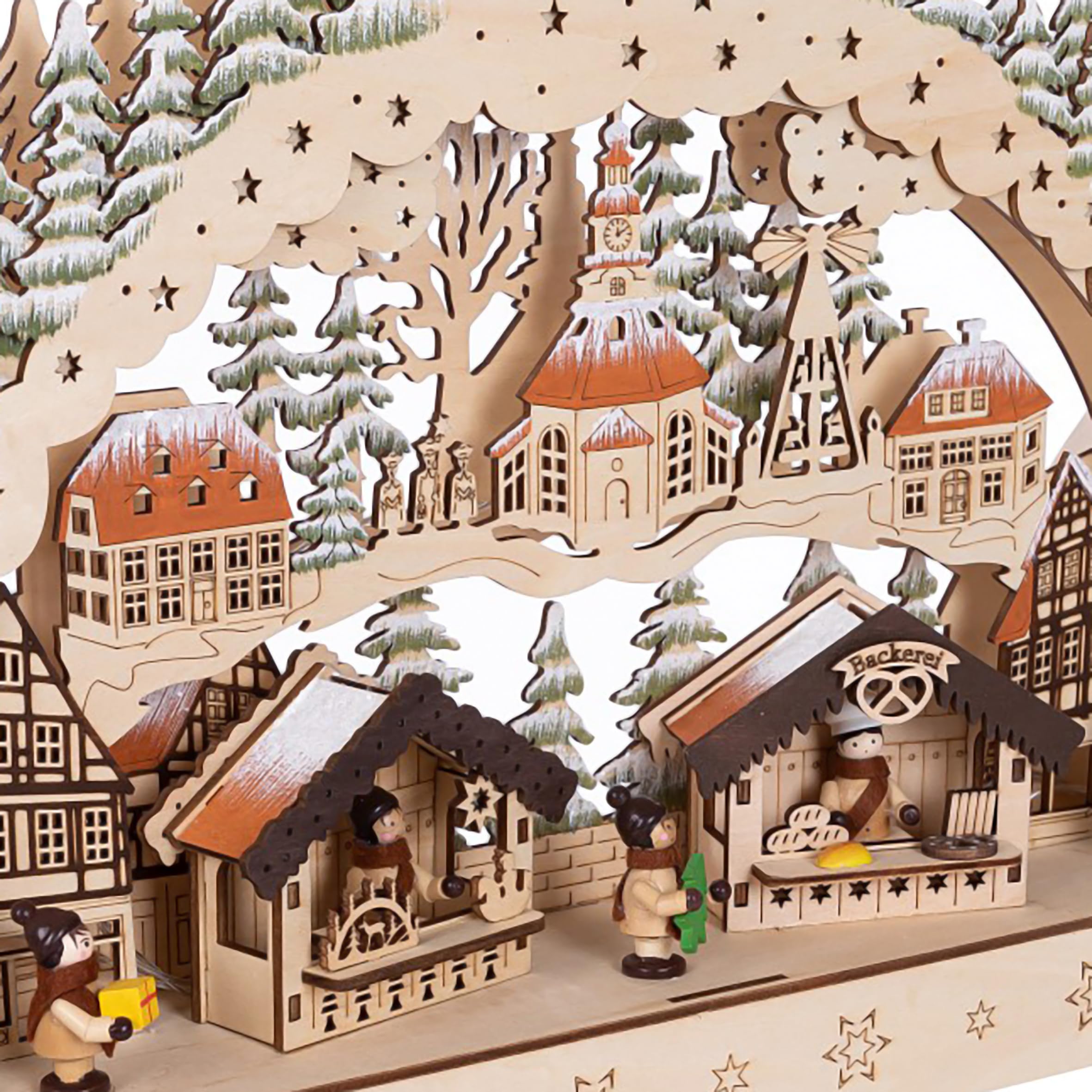 Spetebo Arco de madera LED de 44 x 30 cm – Diseño: Mercado de invierno – Arco de luces con diseño navideño – Decoración de mesa de Navidad, decoración de ventana, decoración de Adviento, invierno,