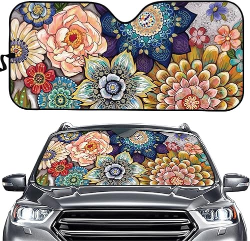 HUGS IDEA Parabrisas plegable con patrón floral bohemio para la mayoría de sedanes, furgonetas, camiones, SUV, mantiene tu vehículo fresco
