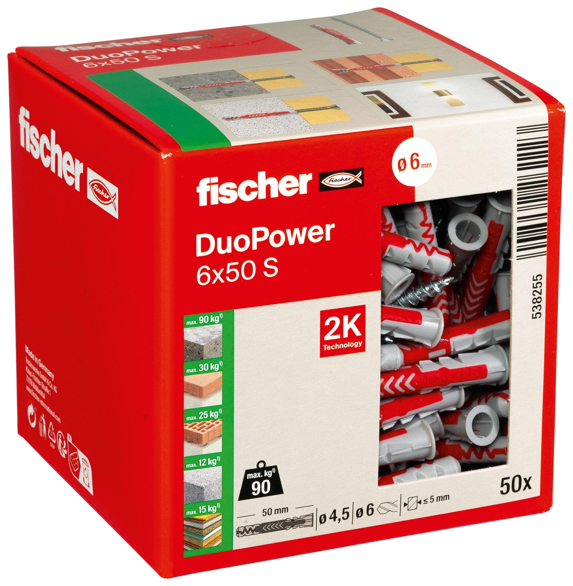 fischer DuoPower 6 x 50 S, Universaldübel mit Schraube, 2-Komponenten-Dübel, Kunststoffdübel zur Befestigung in Beton, Ziegeln, Stein, Gipskarton uvm., 50 Dübel + 50 Schrauben