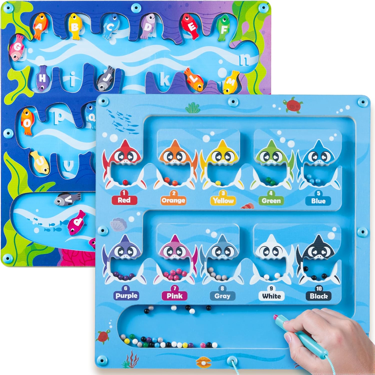 2 in 1 Montessori Wooden Magnetic Maze Board, Sensory, Puzzle, Travel Toy, Learning Toy for Letter, Color Sorting, Number Matching, Educational Christmas Birthday Gift for Boys Girls Ages 3-5 4-8