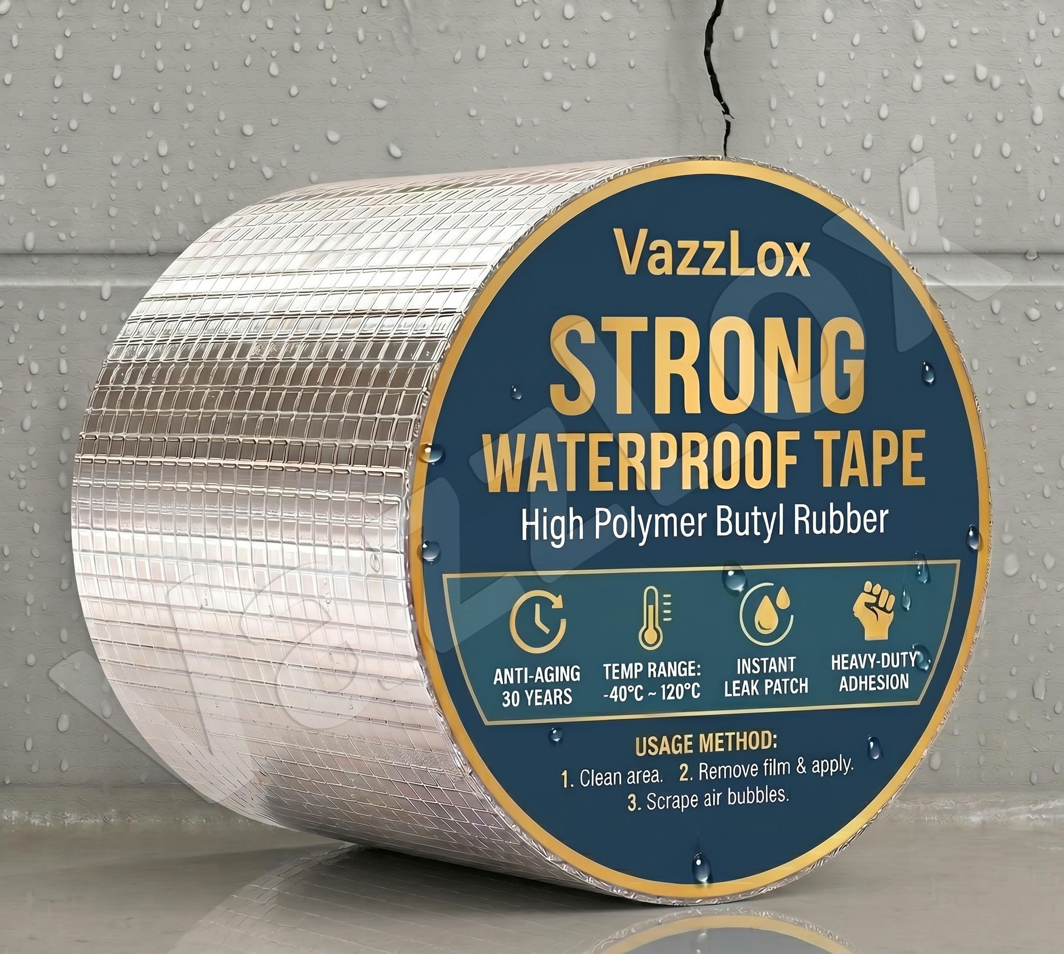 VazzLox Waterproof Tape Super Strong Butyl Tape (10cm X 5m) Heavy Duty Water Leakage Tape Waterproof Aluminium Tape Foil Self Adhesive Rubber Water Proof Tape for Roof Leakage Pipe Tank Cracks Sealing-image-32
