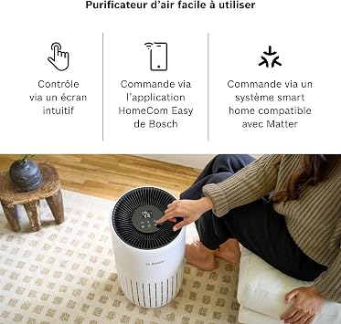 Bosch Air 4000i akıllı hava temizleyici – 62,5 m² kapsama alanı – Zararlı maddelerin%99'undan fazlasını etkili bir şekilde filtreler - Oto/Uyku modu (< 25 dB(A)) - CADR: 300 m³/sa - Ekran ve uygulama