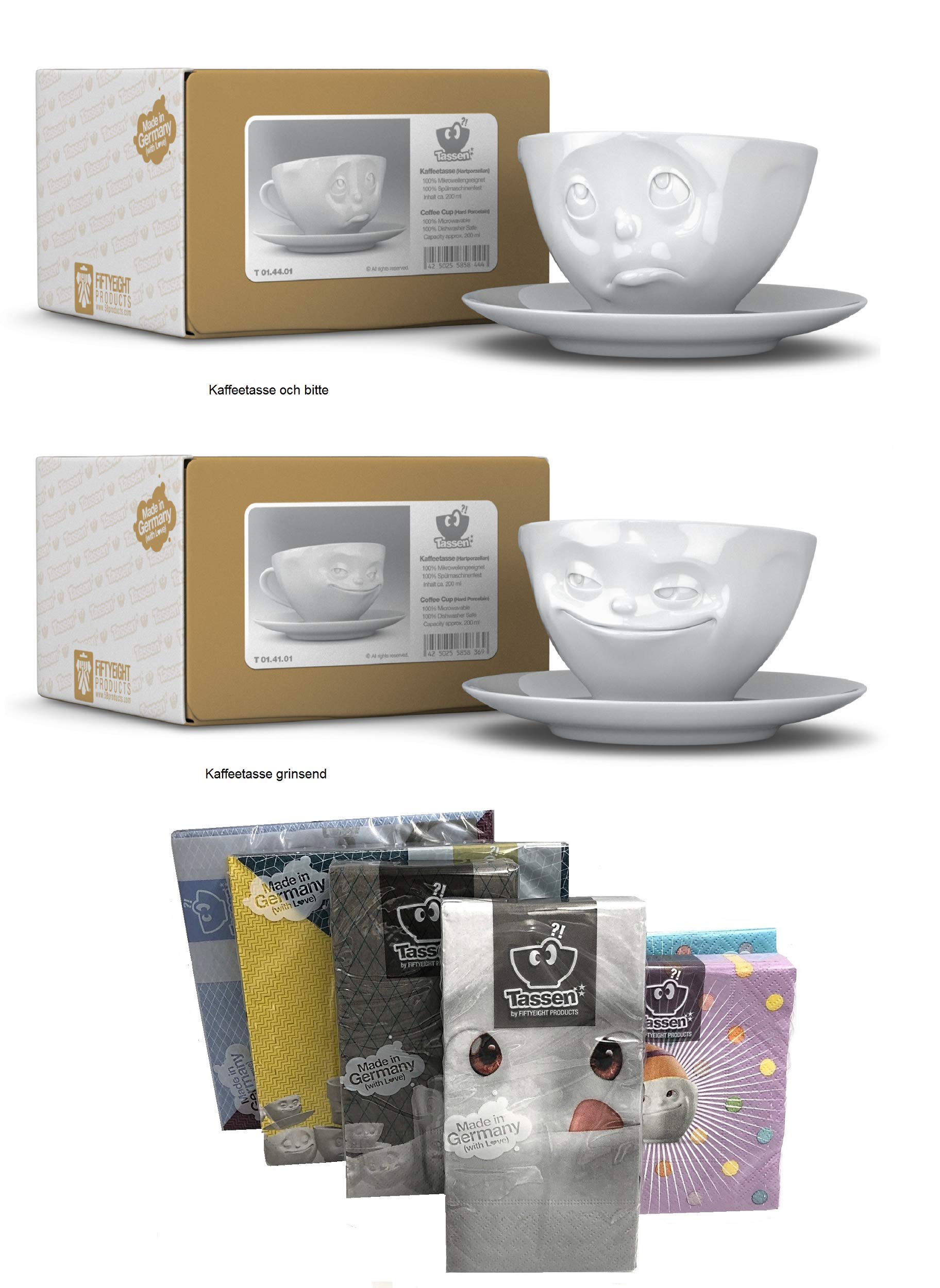 FIFTYEIGHT PRODUCTS Kaffeetassen 2er SET + Servietten, 200 ml, OCH BITTE+GRINSEND