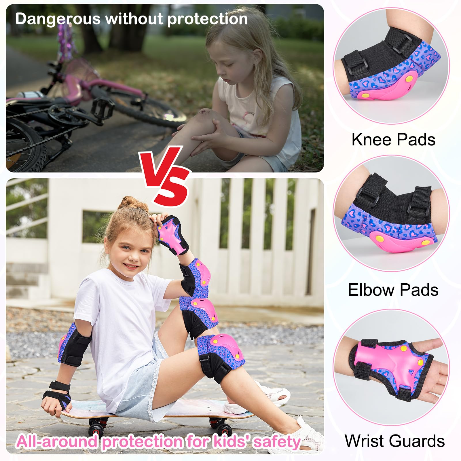 Unicorn Castle Rodilleras y Coderas de Unicornio para niños y niñas Juego de Equipo de protección Ajustable 6 en 1 con Bolsa de cordón 3-8 años