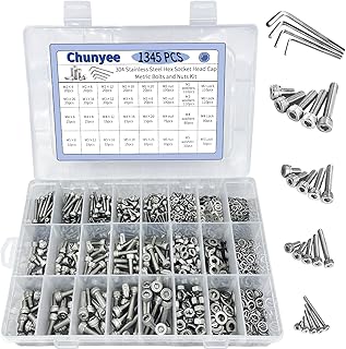 1345Pcs Metric Screw Assortment, M2 M3 M4 M5 Hex Socket Head Cap Machine Screws, 304 Stainless Steel 4mm to 20mm Bolts Nuts Spring Washers Kit, Nuts and Bolts Assortment Kit with 4 Wrenches
