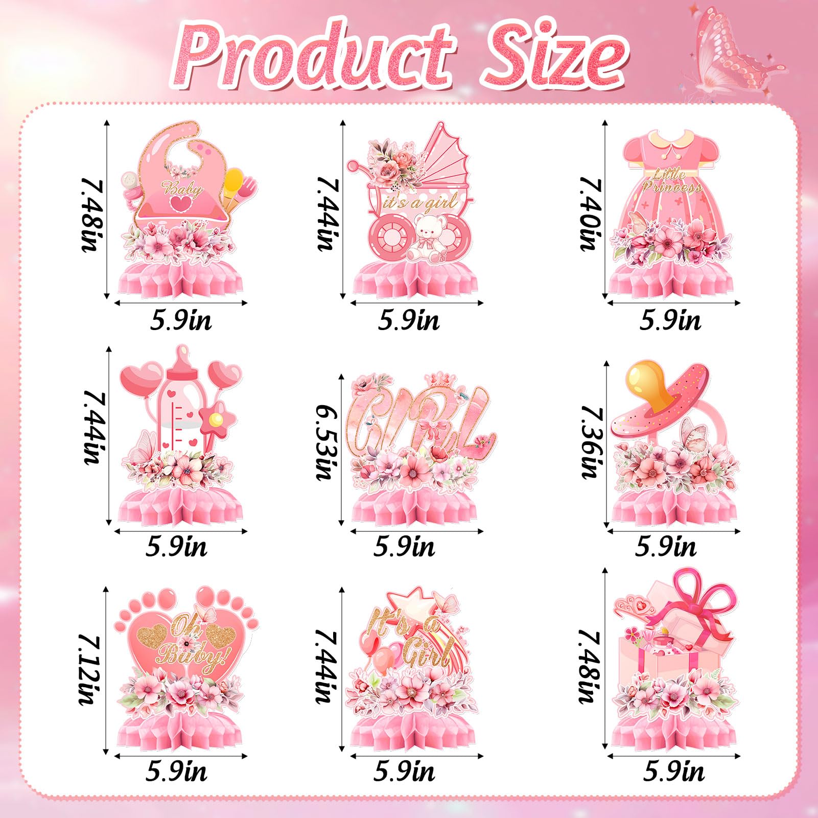 9Pcs Pink Baby Shower Decorations, Honeycomb Baby Girl Shower Centrepieces Floral Honeycomb Table Decorations Girl Pregnancy Announcement Table Decorations Gender Reveal Party Supplies