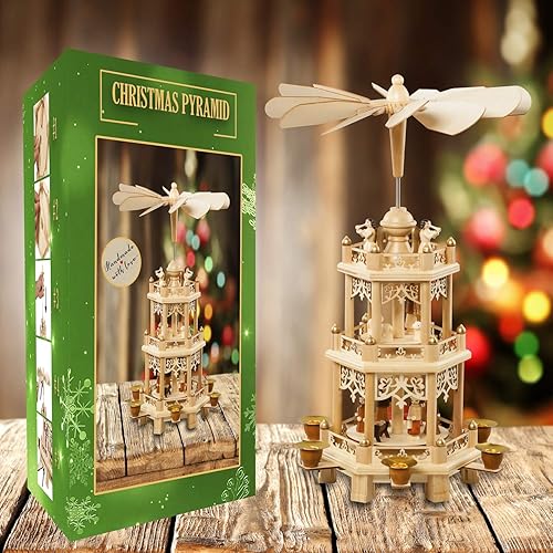 Miniatura 2 de Pirámide de decoración navideña alemana de 18 pulgadas Belén. Belén de vacaciones Carrusel de 6 candelabros. Diseño alemán