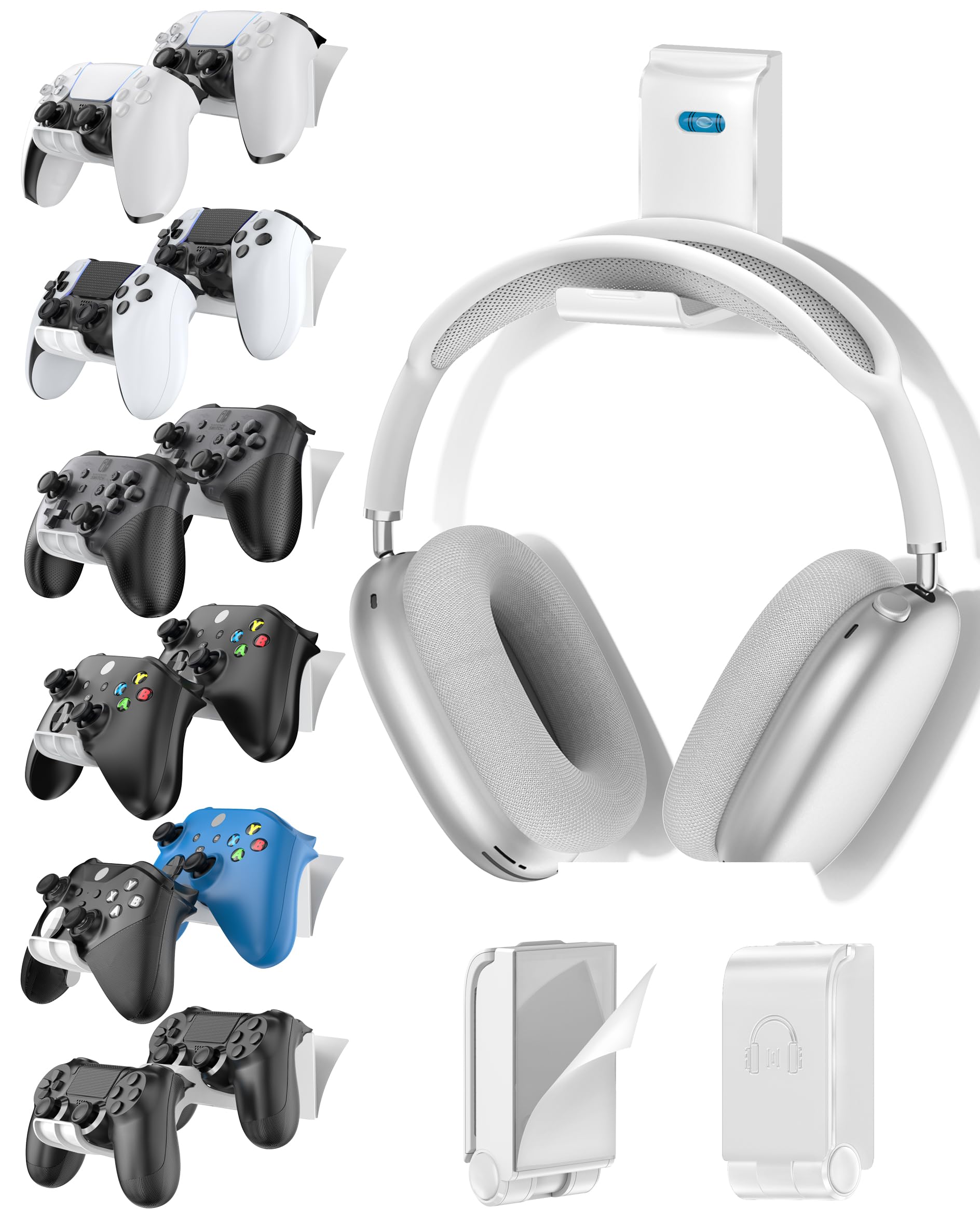 Gaming Accessories Controller &amp; Headphone Stand, Wall Mount Holder for 12 Remotes &amp; Foldable Headset Stand, Universal Wall-friendly Game Controller Holder Hanger Hook for Xbox, PS5/4, Nintendo, White