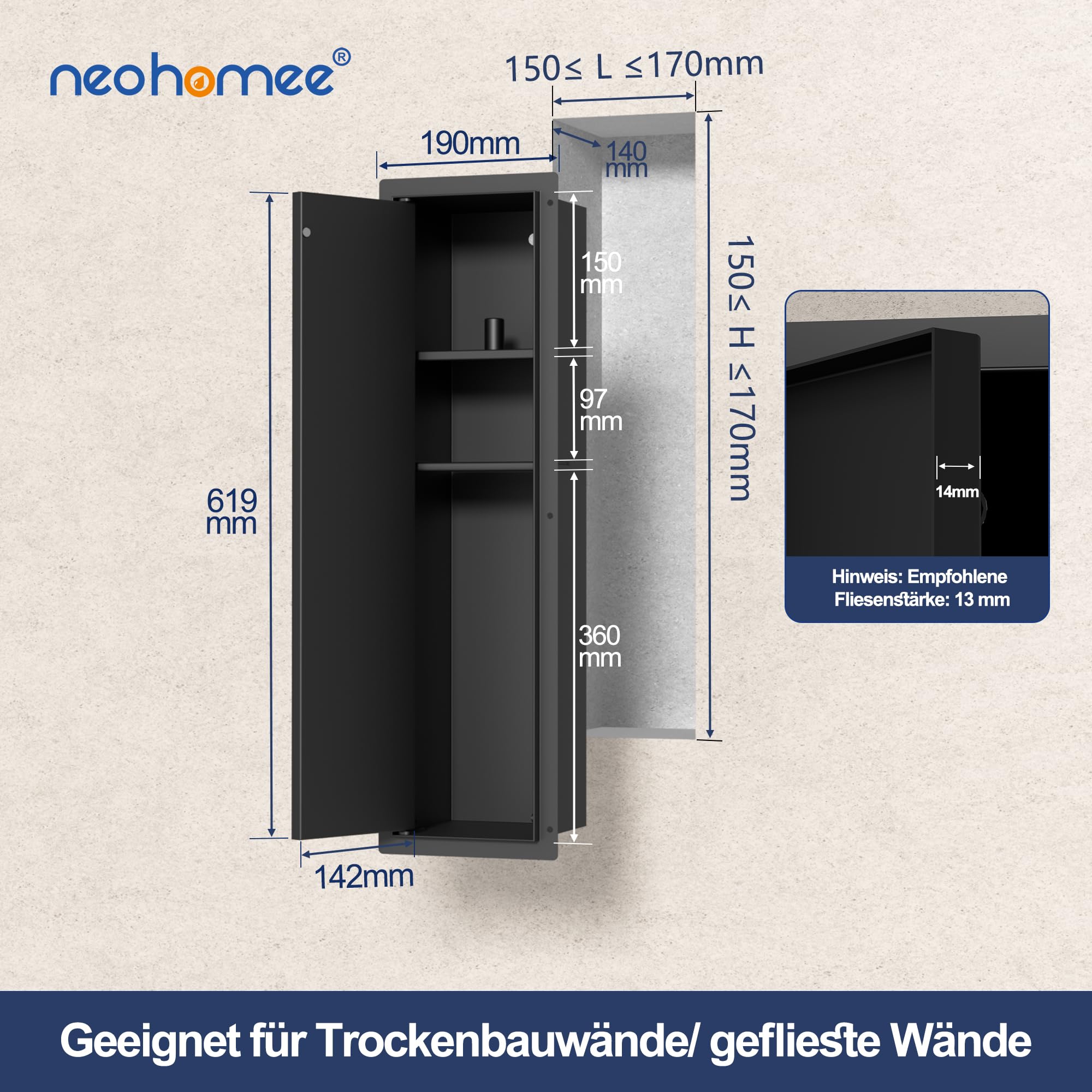 Unterputz Toilettenpapierhalter Edelstahl 304 mit Befliesbarer Tür, Schwarz